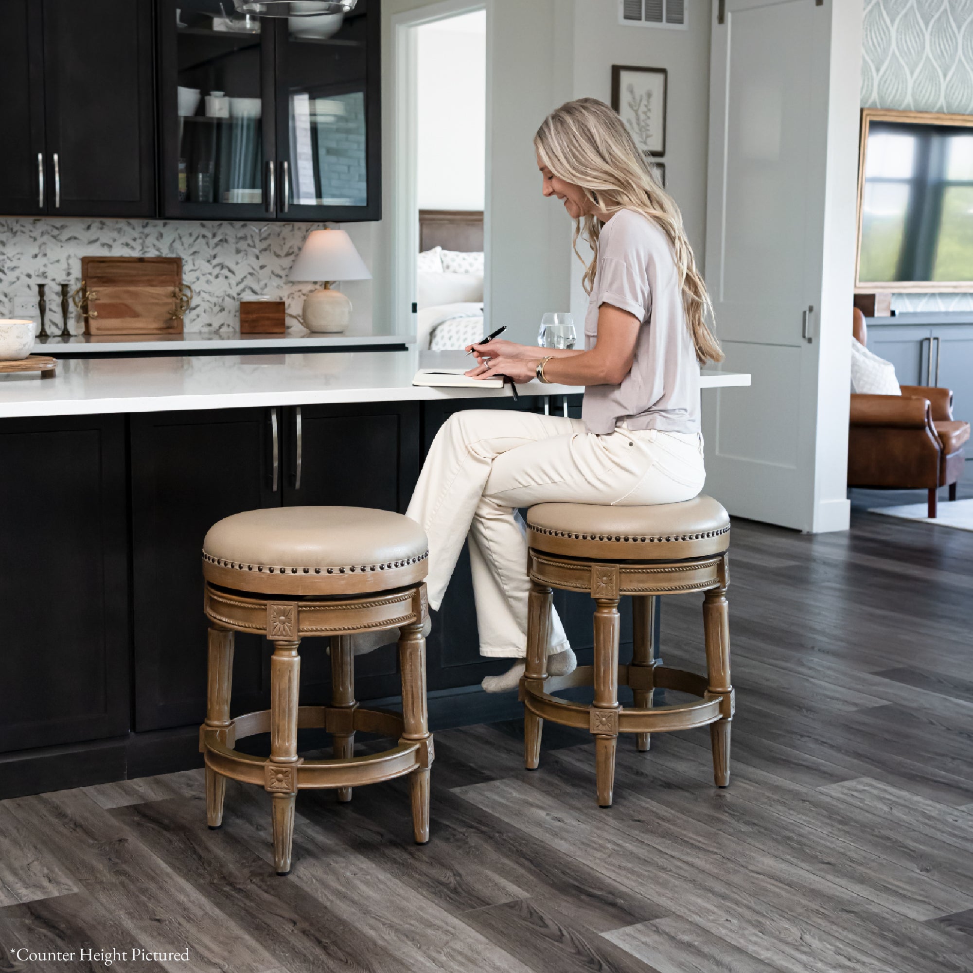 31" Pullman Backless Bar Stool in Light Brown Finish with Beige Faux Leather in Stools by Maven Lane
