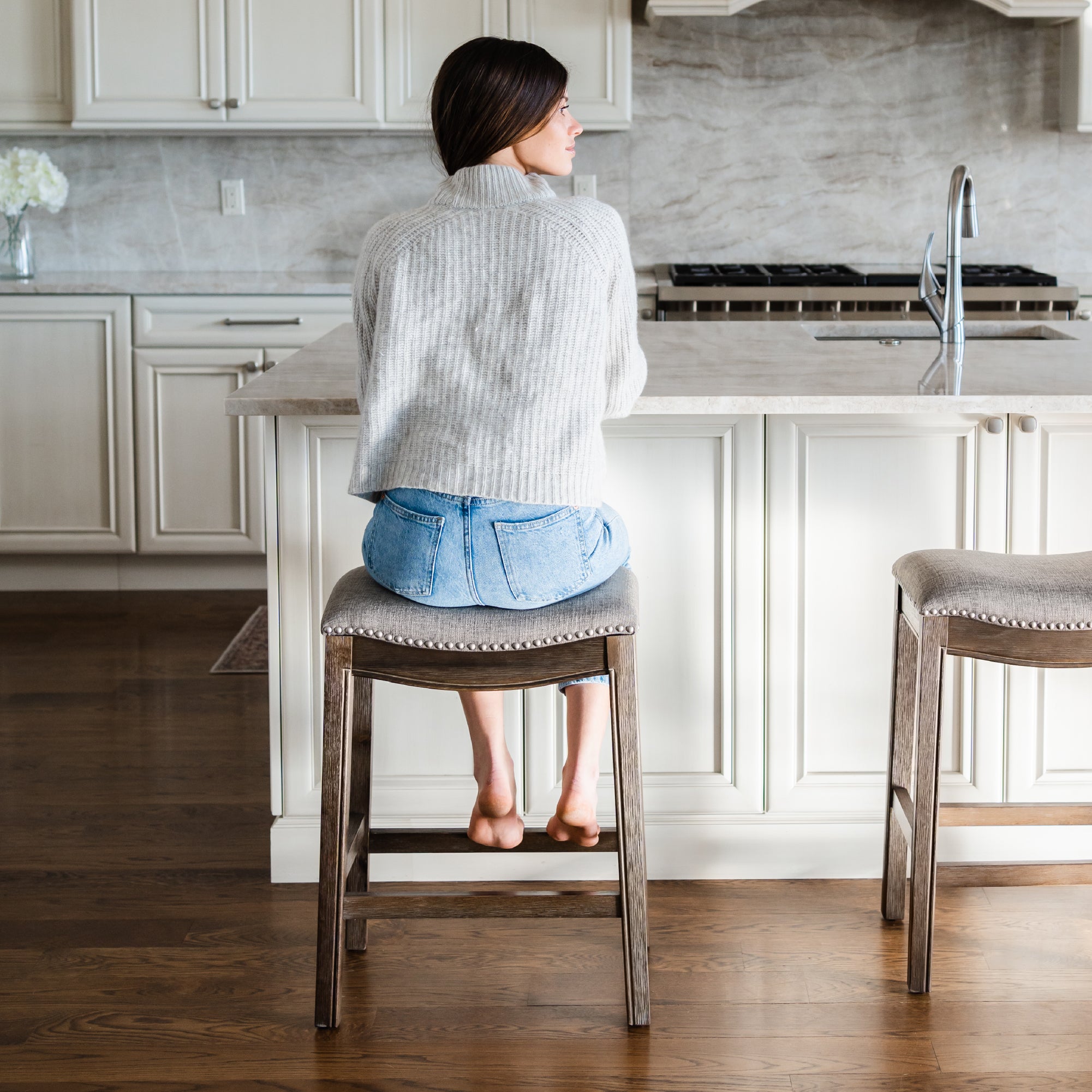 26" Adrien Saddle Counter Stool in Walnut Finish with Grey Fabric Upholstery in Stools by Maven Lane