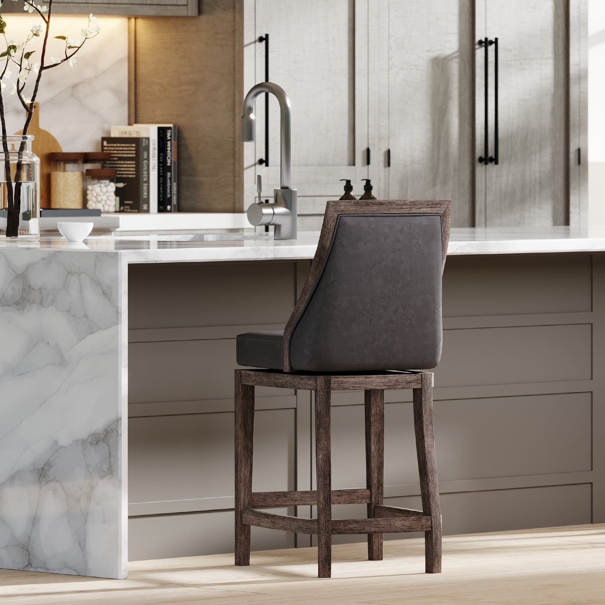 26" Vienna Swivel Counter Stool in Grey Finish with Grey Faux Leather in Stools by Maven Lane
