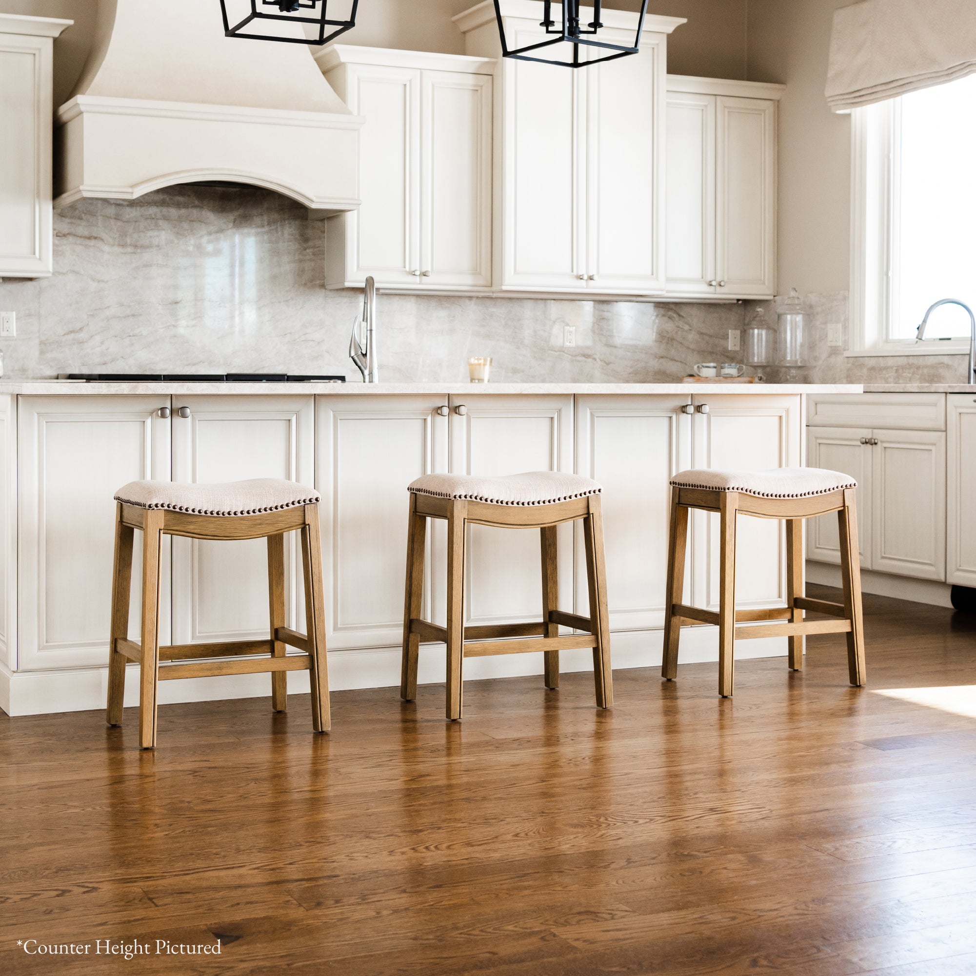 31" Adrien Saddle Bar Stool in Natural Wood Finish with Wheat Fabric Upholstery in Stools by Maven Lane