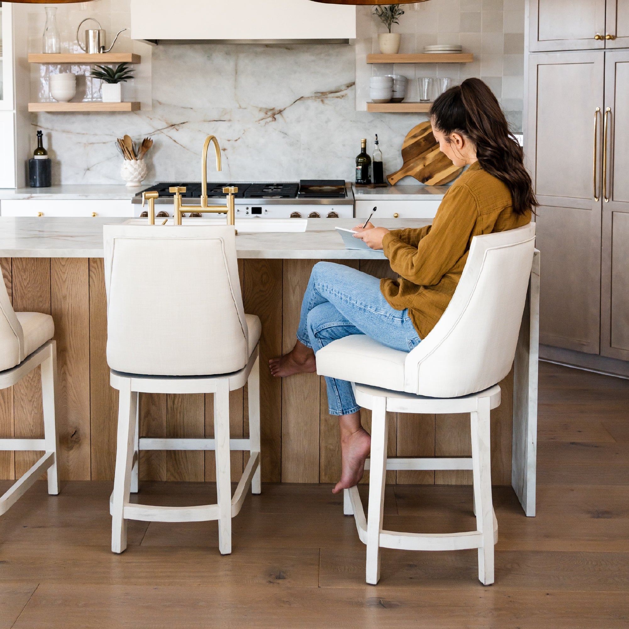 26" Vienna Swivel Counter Stool in Cream Finish with Natural Fabric in Stools by Maven Lane