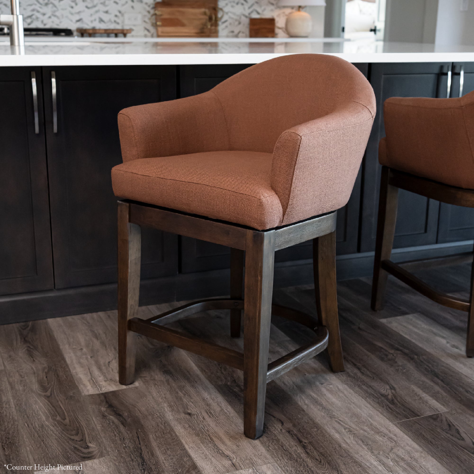 30" Isabella Swivel Bar Stool in Aged Brown Finish with Clay Canvas Fabric in Stools by Maven Lane