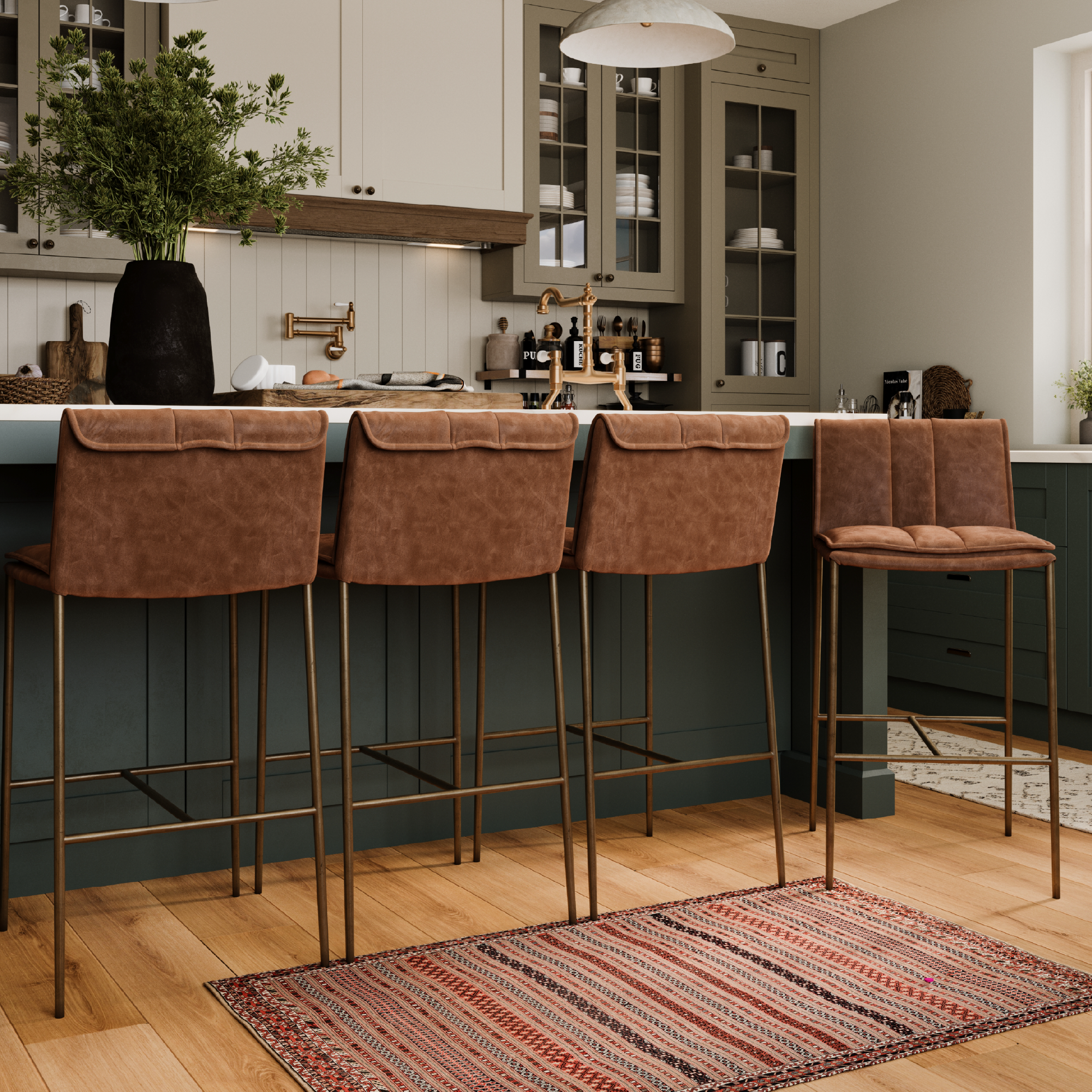 29" Gerard Bar Stool in Antique Brass Finish with Cocoa Brown Vegan Leather in Stools by Maven Lane
