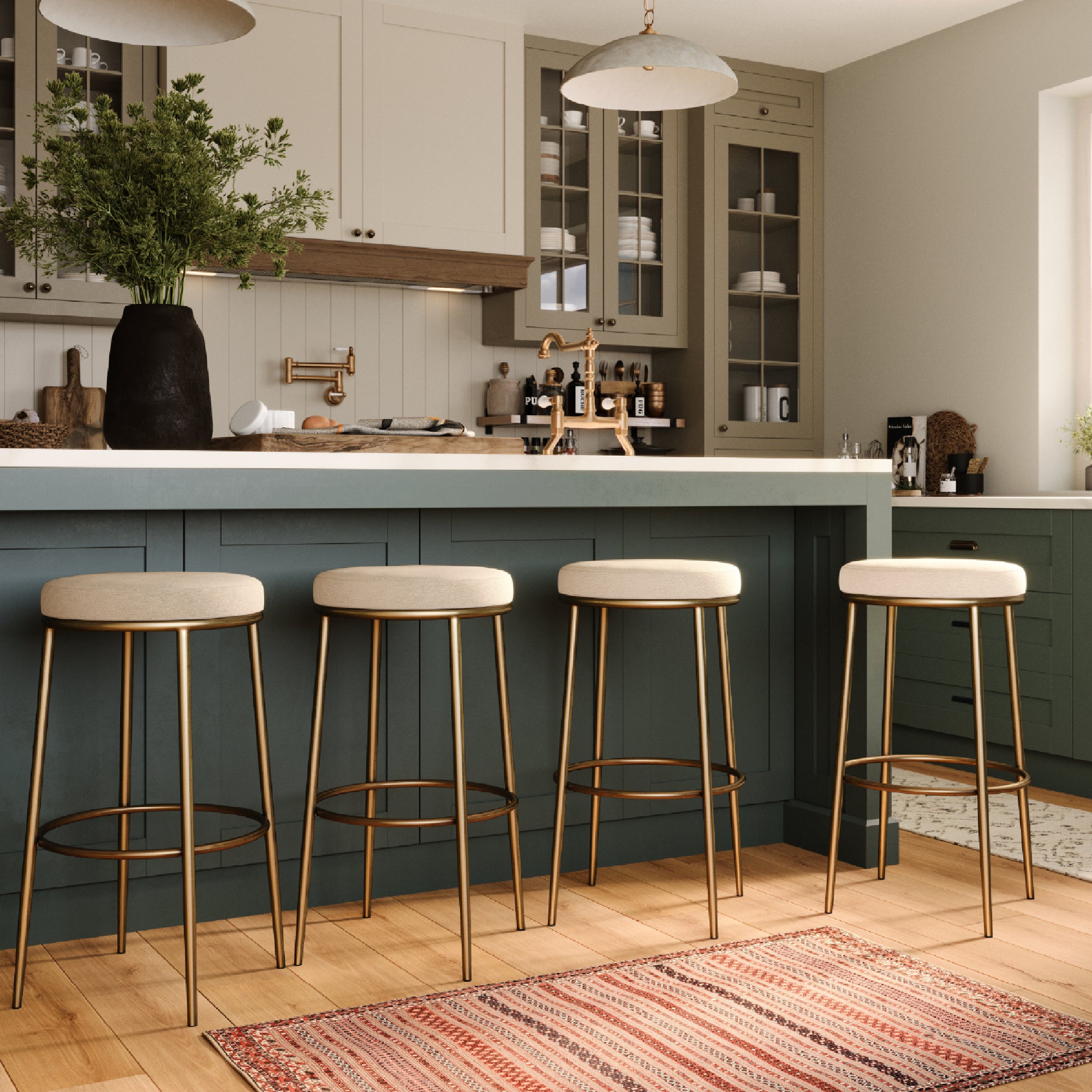 31" Stella Bar Stool in Antique Brass Finish with Light Beige Fabric Upholstery in Stools by Maven Lane