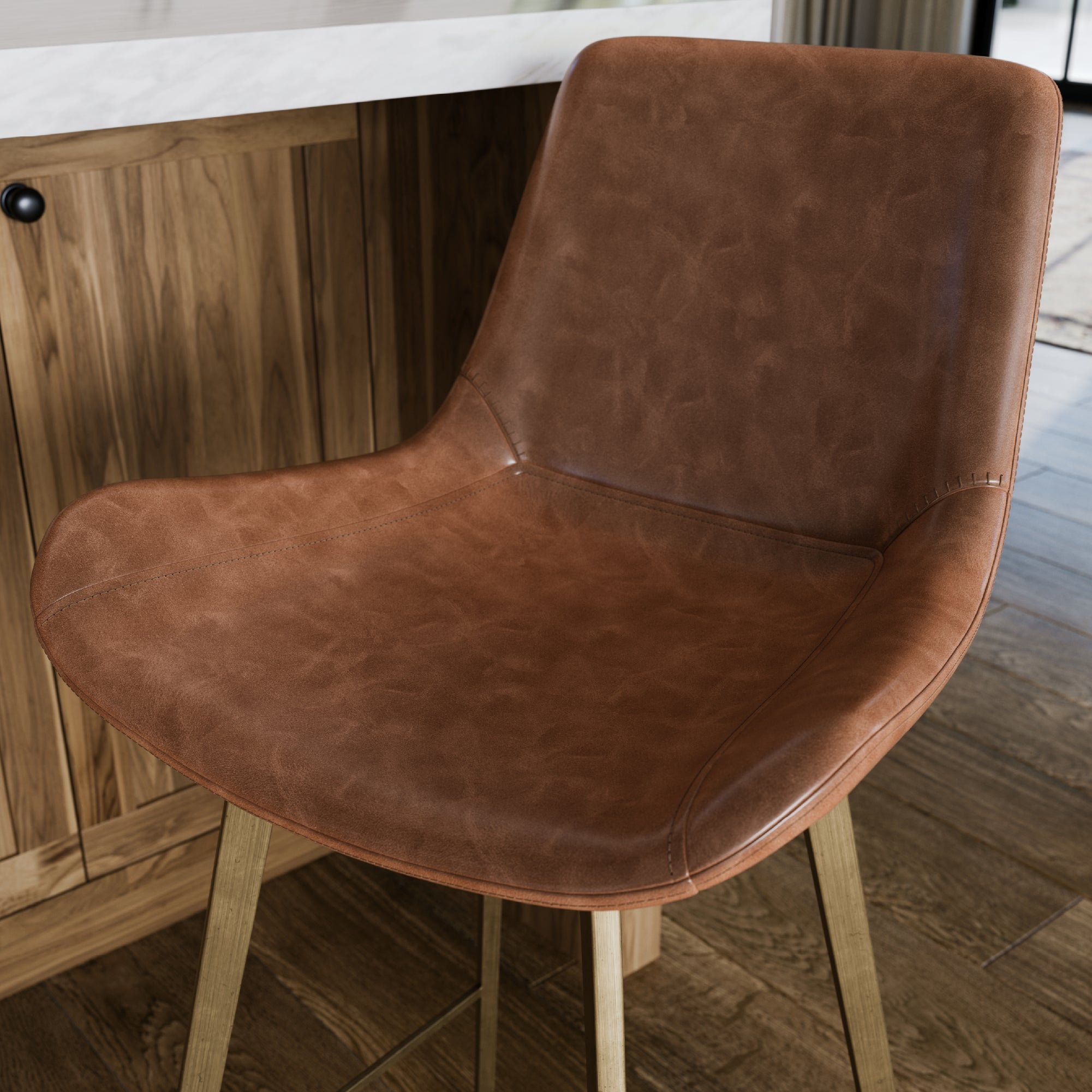 30" Victor Bar Stool in Gold Finish with Brown Faux Leather in Stools by Maven Lane