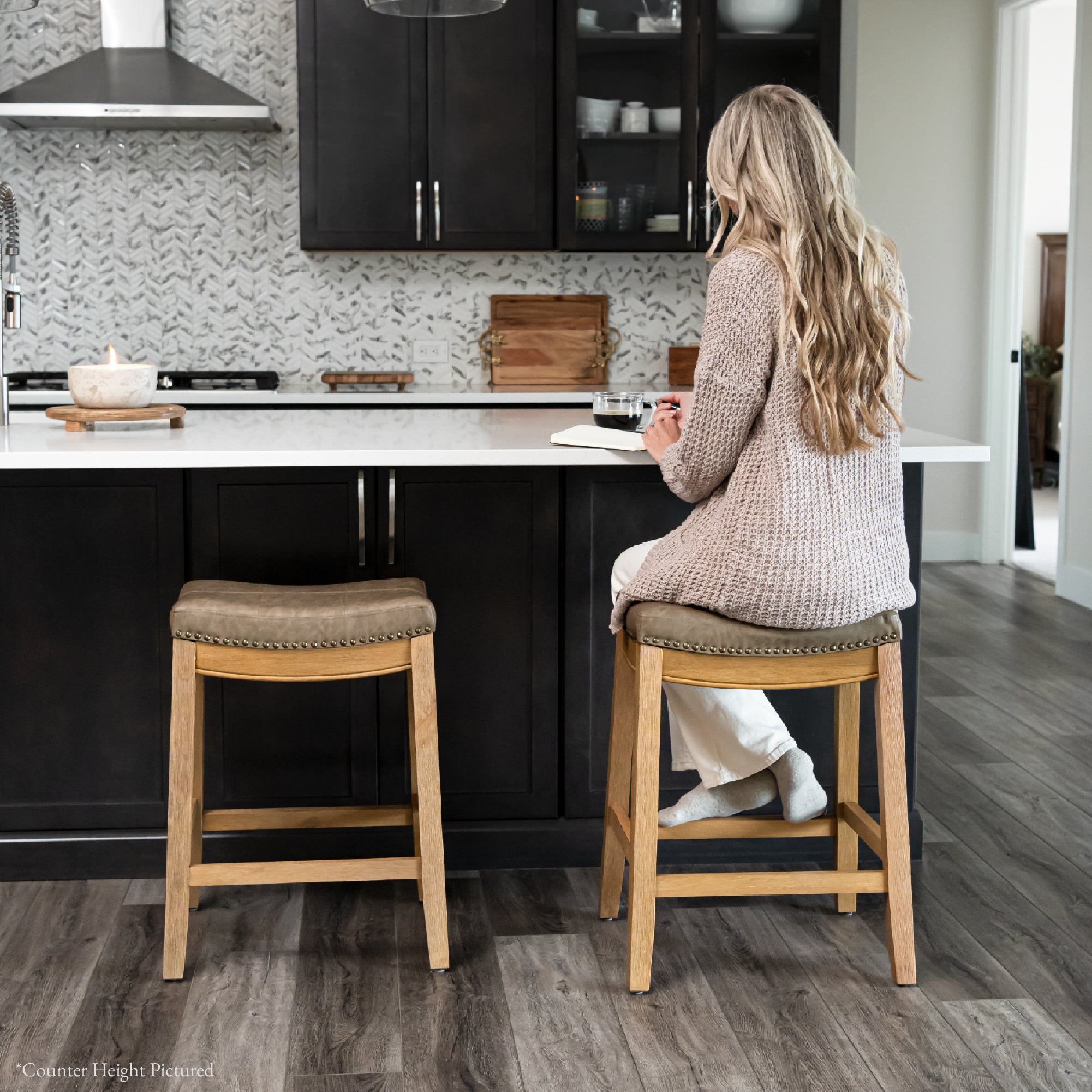 31" Sophia Backless Bar Stool in Aged Natural Finish with Desert Tan Vegan Leather in Stools by Maven Lane