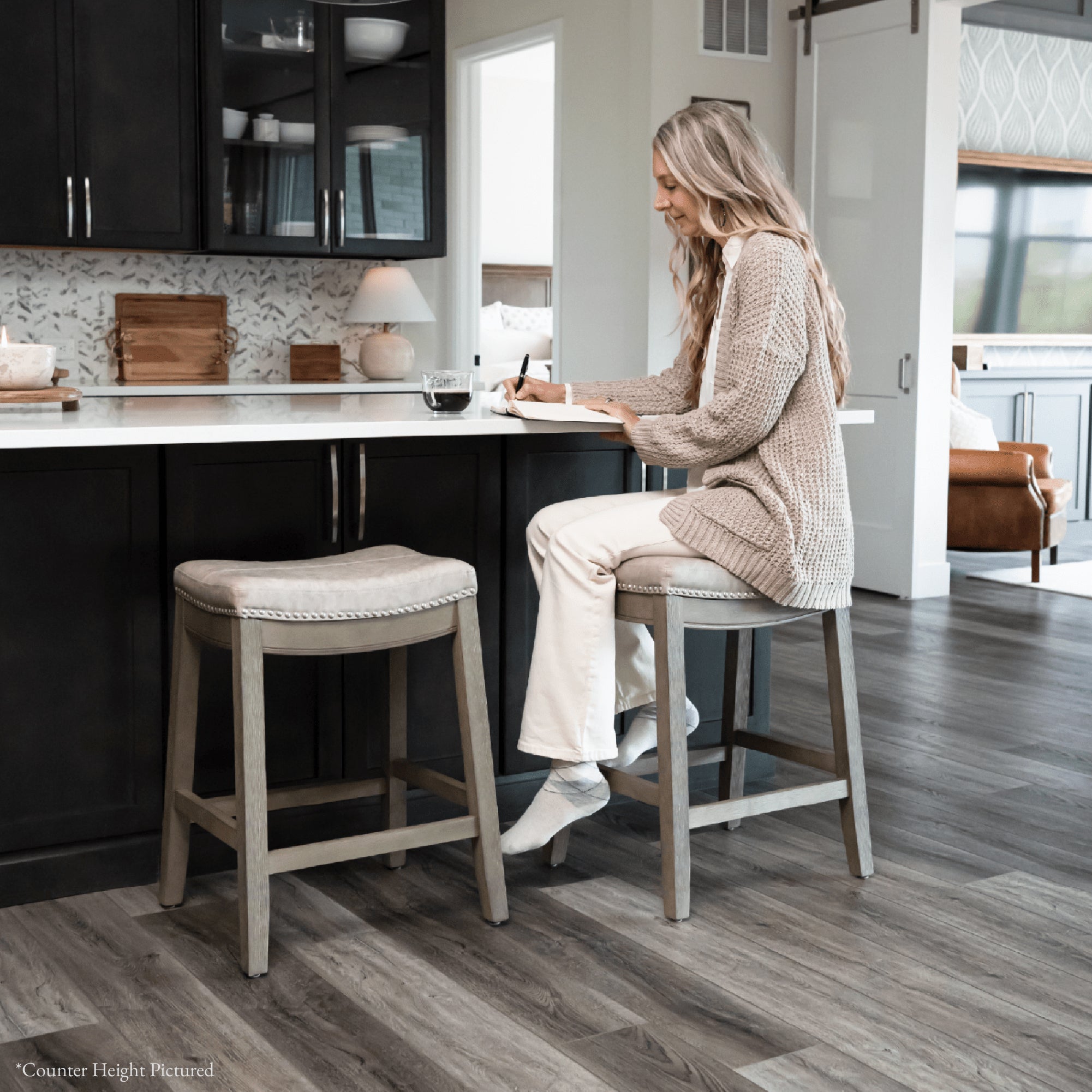31" Sophia Backless Bar Stool in Aged Grey Finish with Pebble Grey Vegan Leather in Stools by Maven Lane