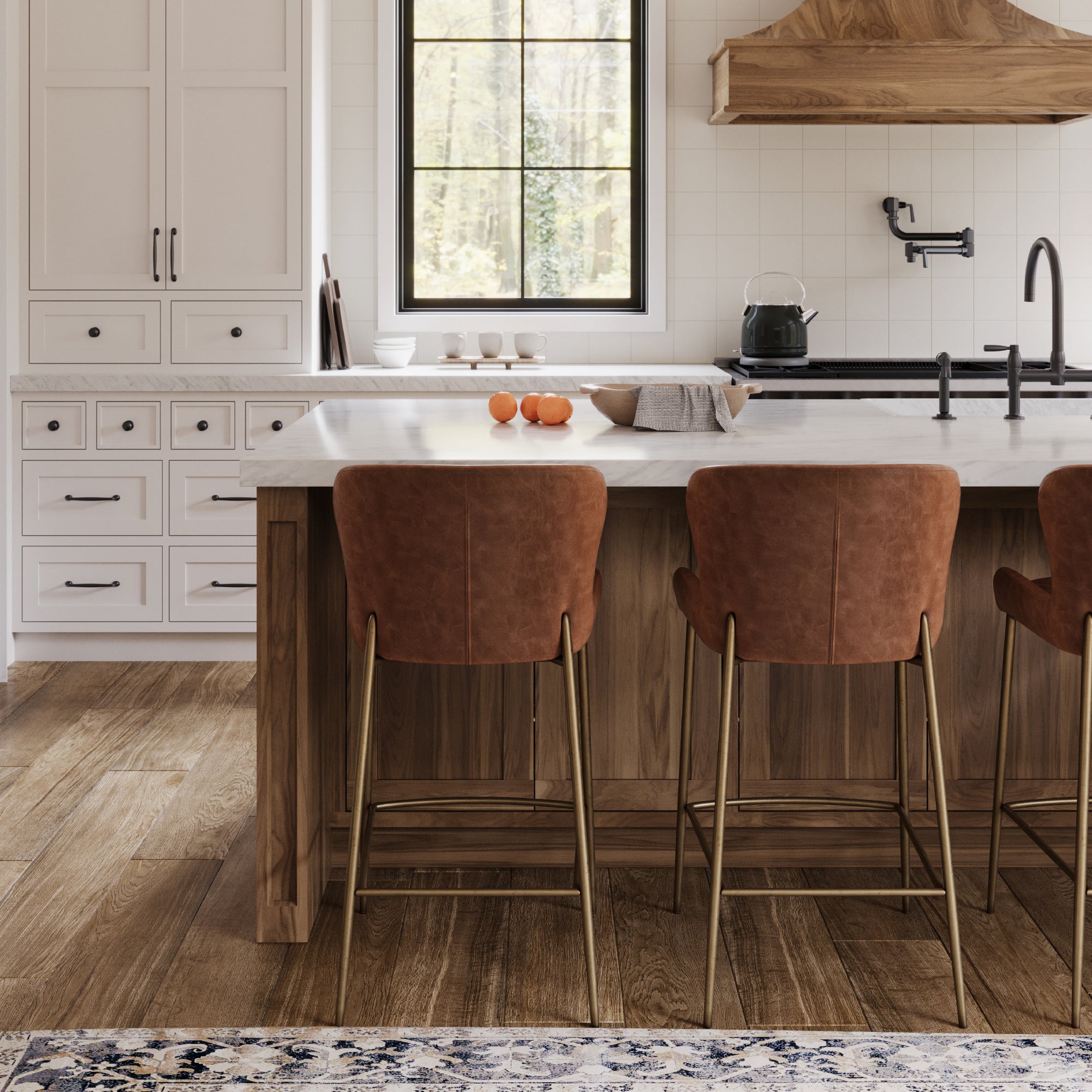 27" Naomi Counter Stool in Antique Brass Finish with Cocoa Brown Vegan Leather Upholstery in Stools by Maven Lane