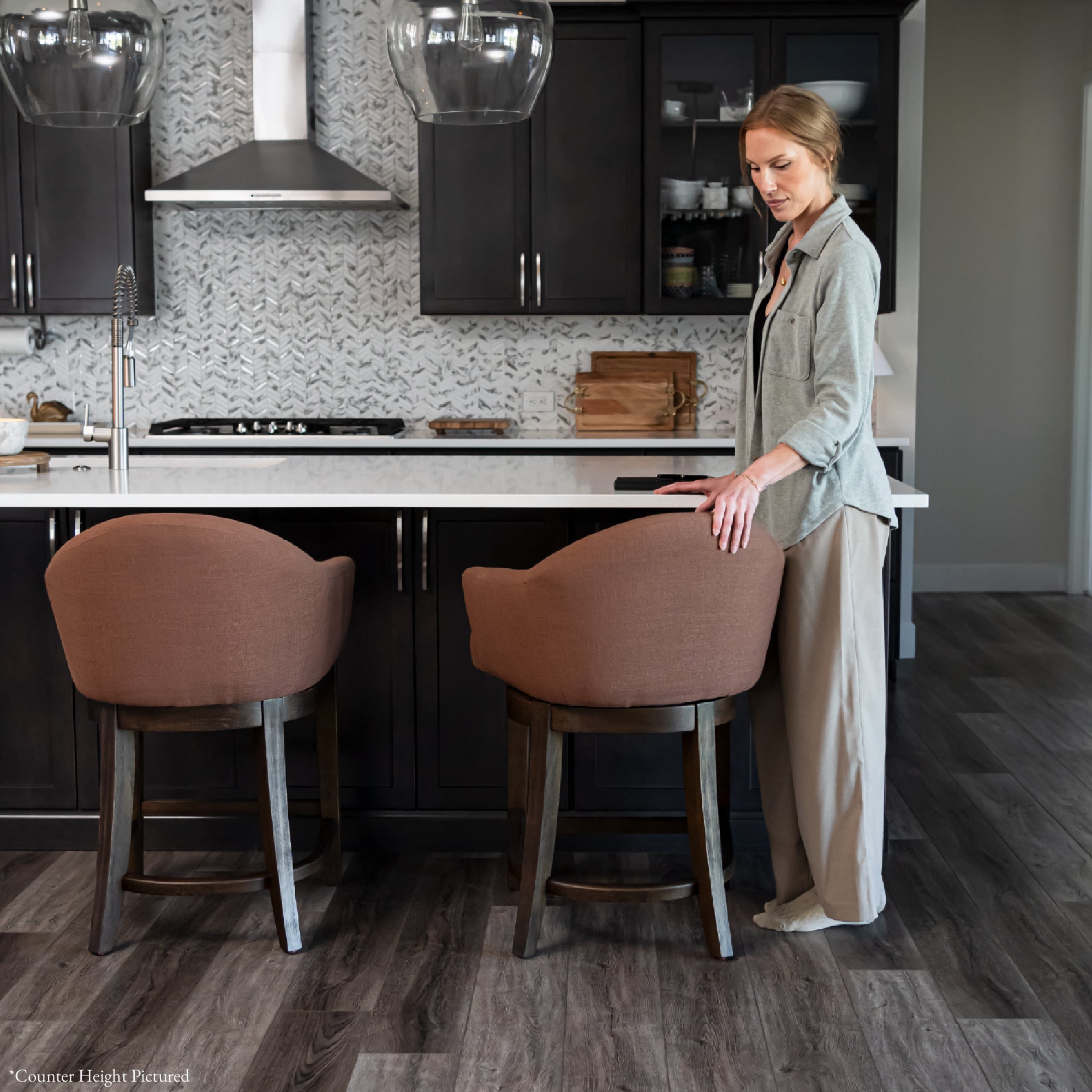 Isabella Swivel Bar Stool in Brown Finish and Brown Canvas Fabric Upholstery in Stools by Maven Lane