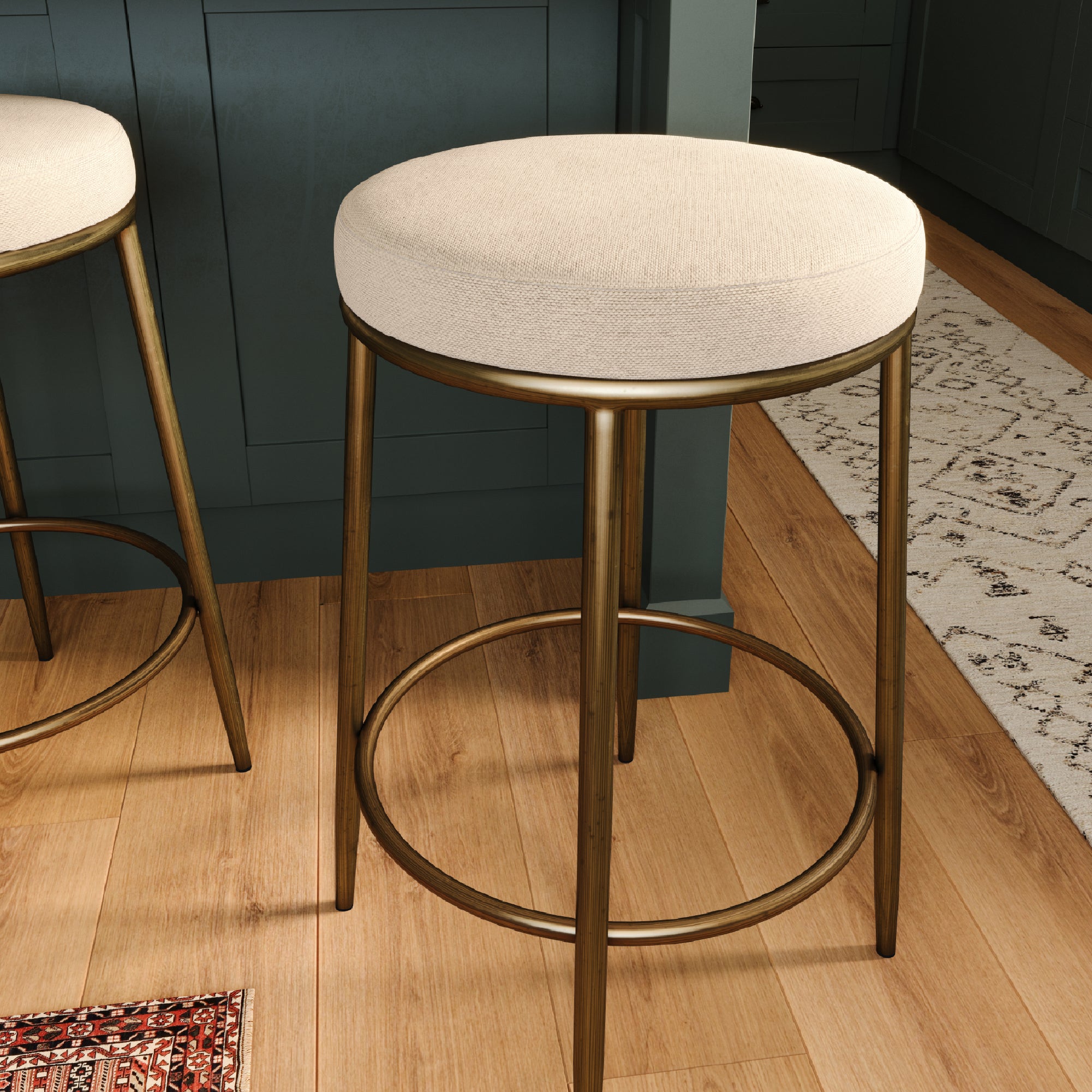 26" Stella Counter Stool in Antique Brass Finish with Light Beige Fabric Upholstery in Stools by Maven Lane