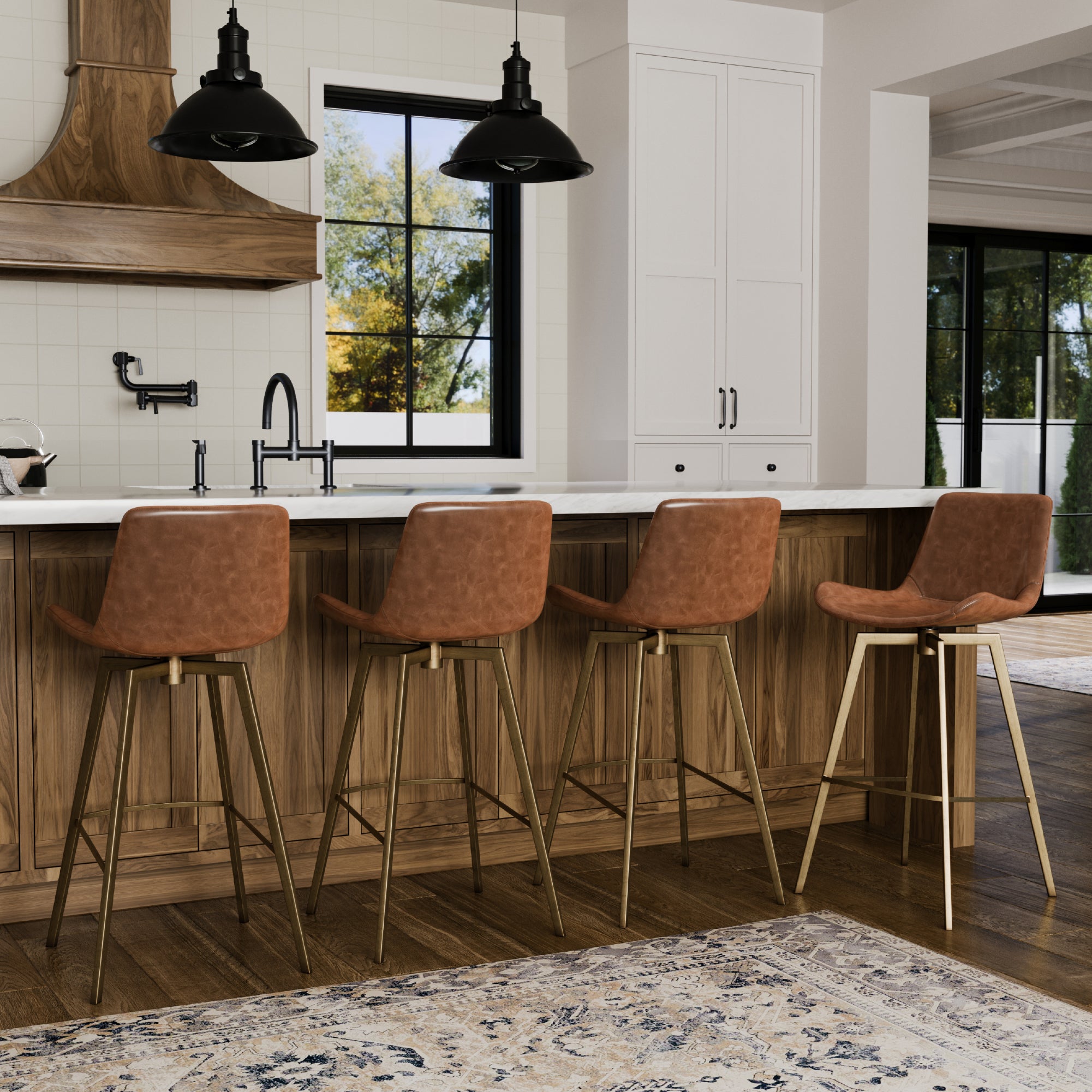 30" Victor Bar Stool in Gold Finish with Brown Faux Leather in Stools by Maven Lane