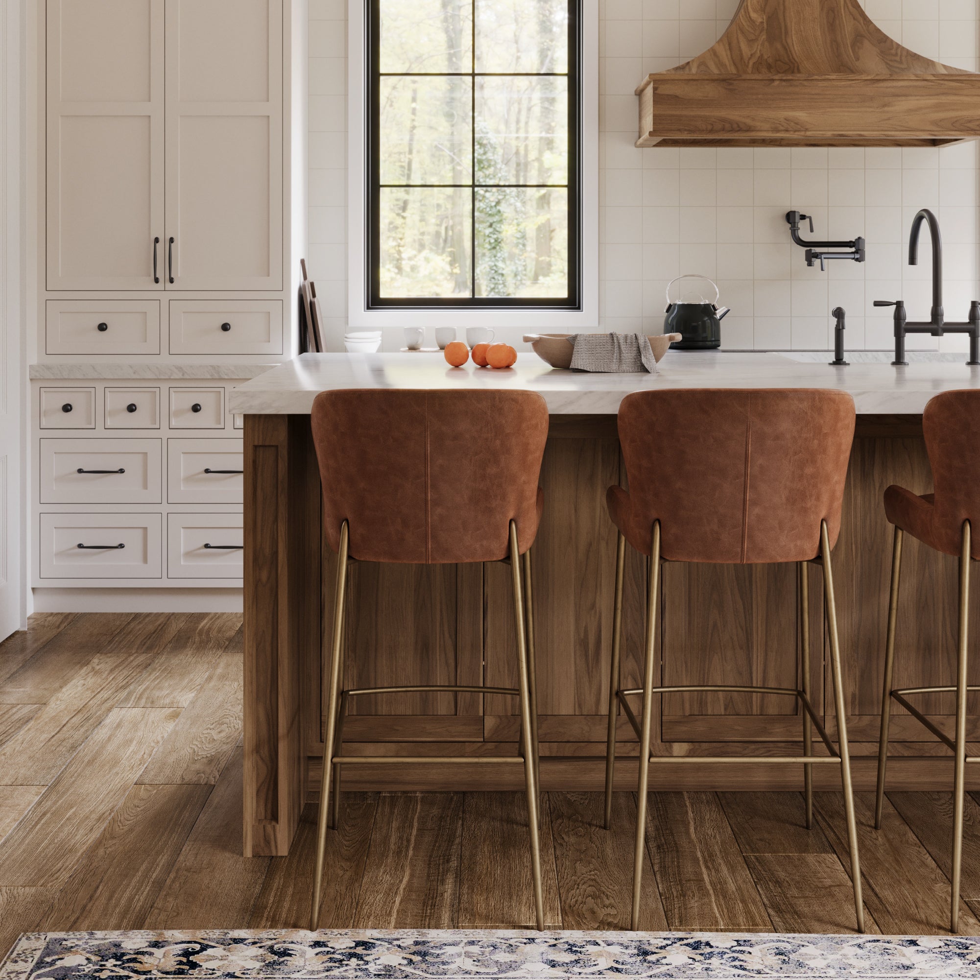 31" Naomi Bar Stool in Antique Brass Finish with Cocoa Brown Vegan Leather Upholstery in Stools by Maven Lane