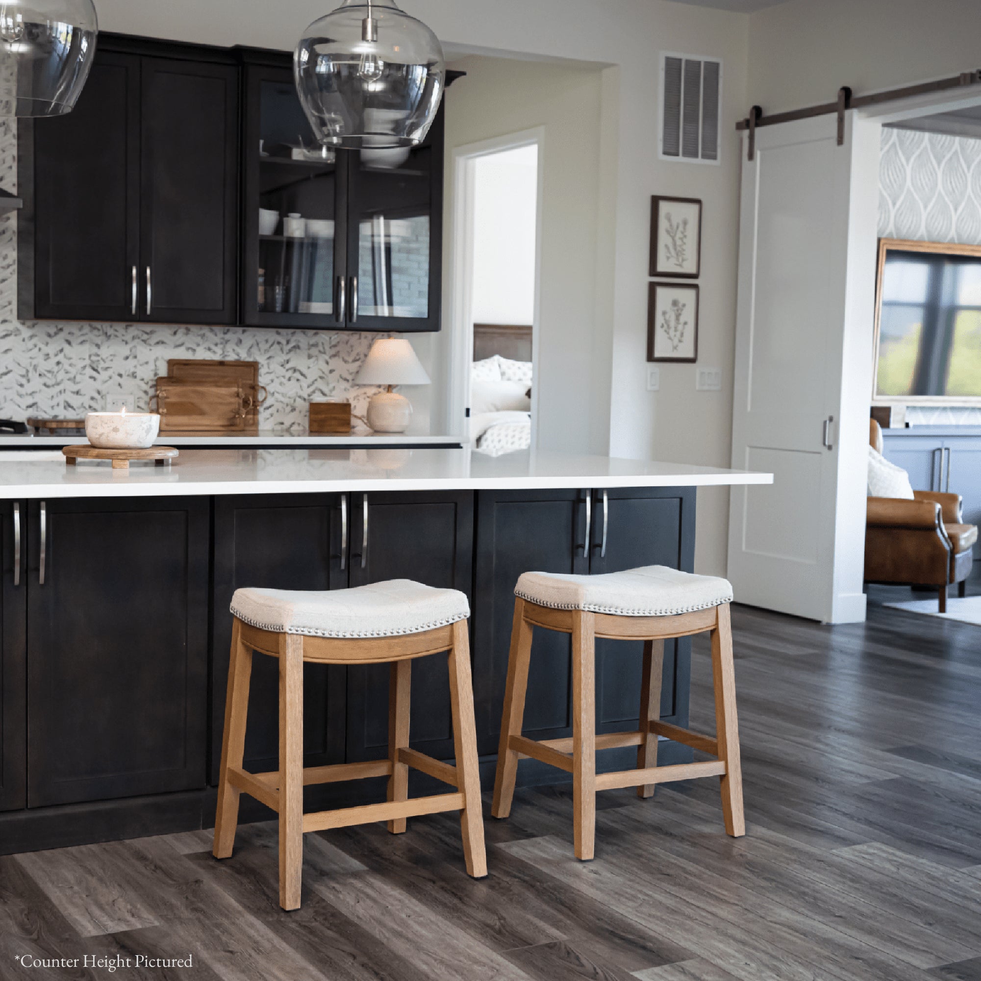31" Sophia Backless Bar Stool in Aged Natural Finish with Light Beige Fabric in Stools by Maven Lane