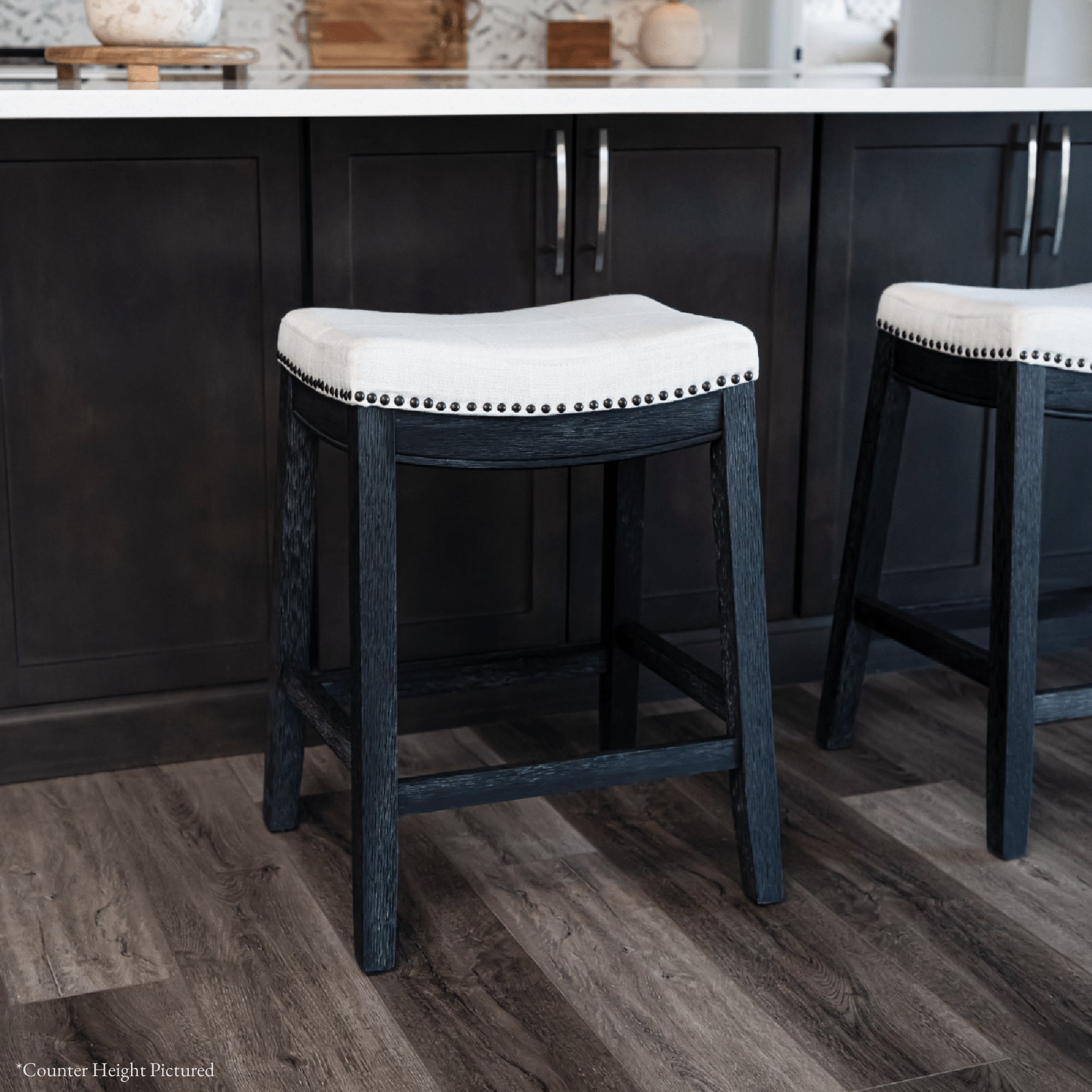 31" Sophia Backless Bar Stool in Aged Black Finish with Snow White Fabric in Stools by Maven Lane