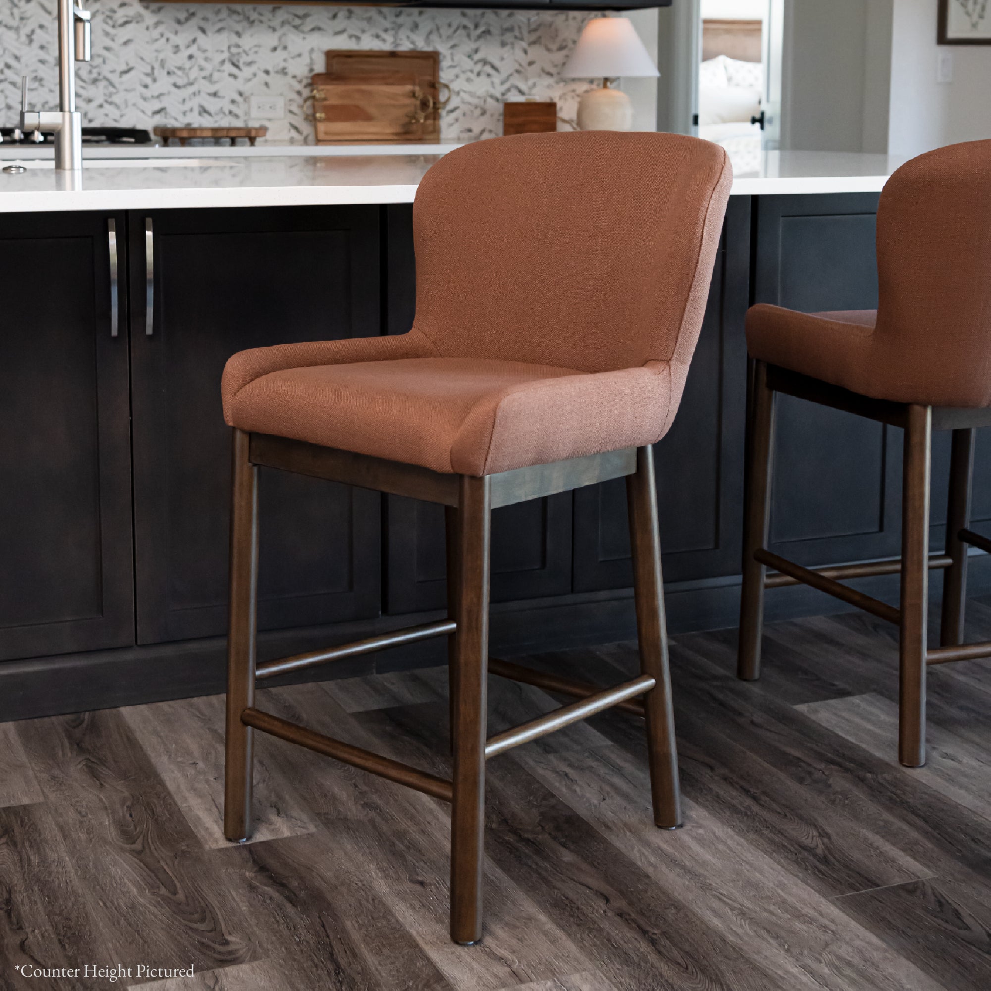 31" Gia Bar Stool in Aged Brown Finish with Clay Canvas Fabric in Stools by Maven Lane