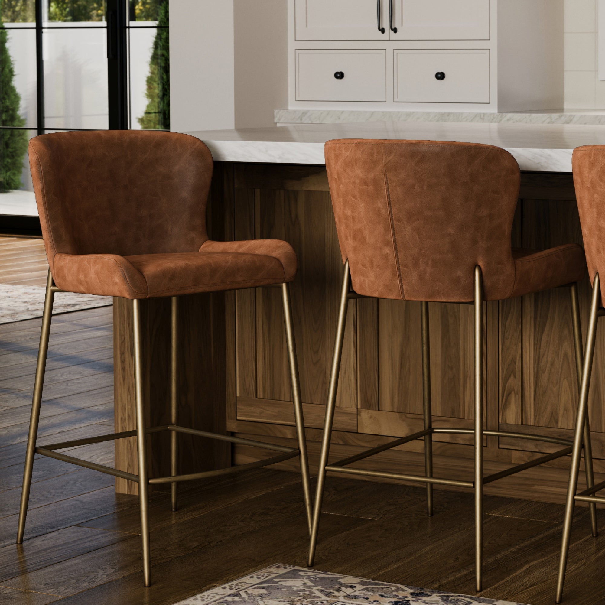 27" Naomi Counter Stool in Antique Brass Finish with Cocoa Brown Vegan Leather Upholstery