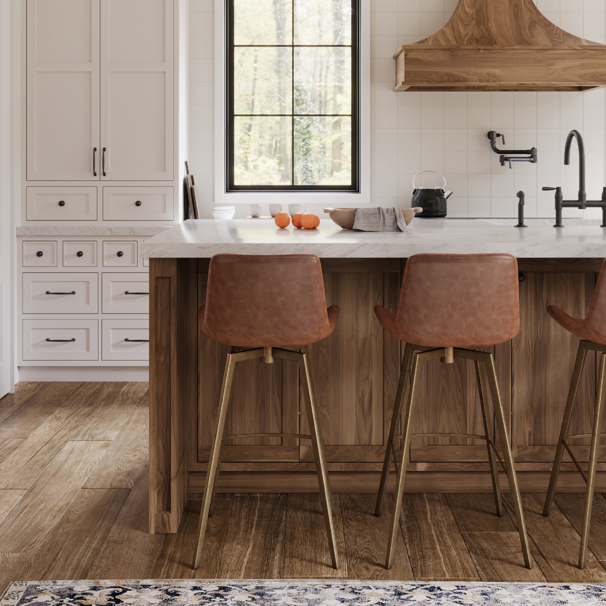 30" Victor Bar Stool in Gold Finish with Brown Faux Leather in Stools by Maven Lane