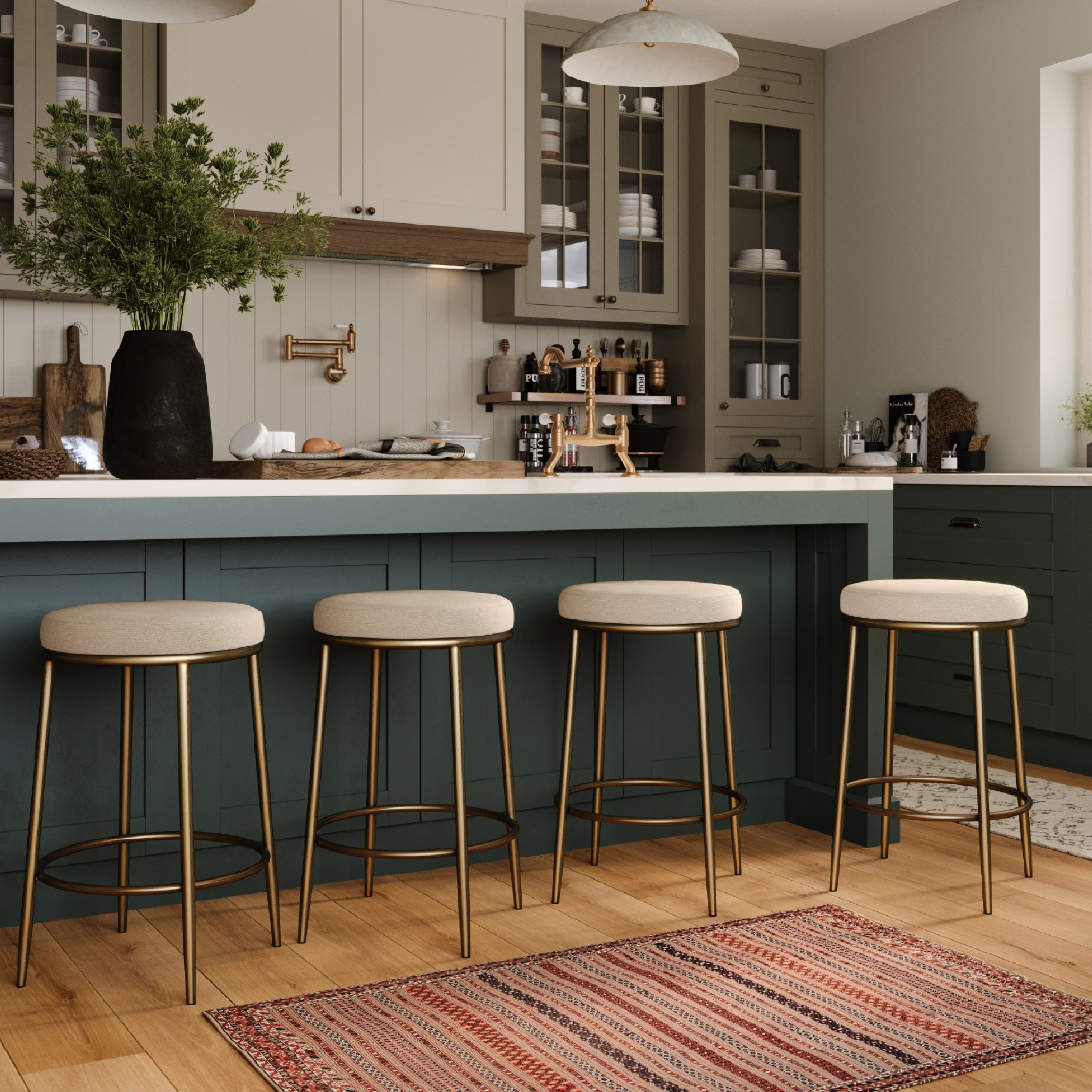 26" Stella Counter Stool in Antique Brass Finish with Light Beige Fabric Upholstery in Stools by Maven Lane