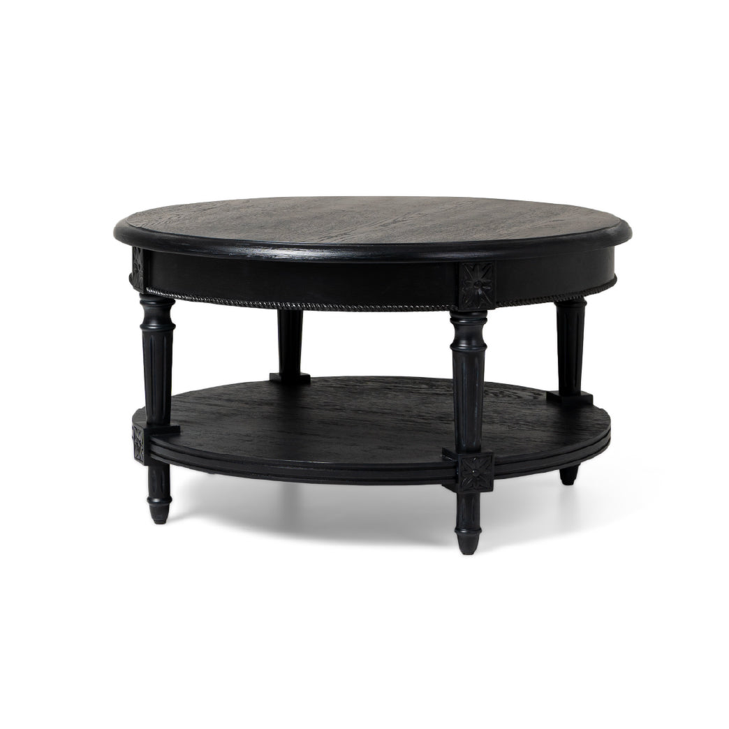 Pullman Traditional Round Wooden Coffee Table in Antiqued Black Finish in Accent Tables by Maven Lane