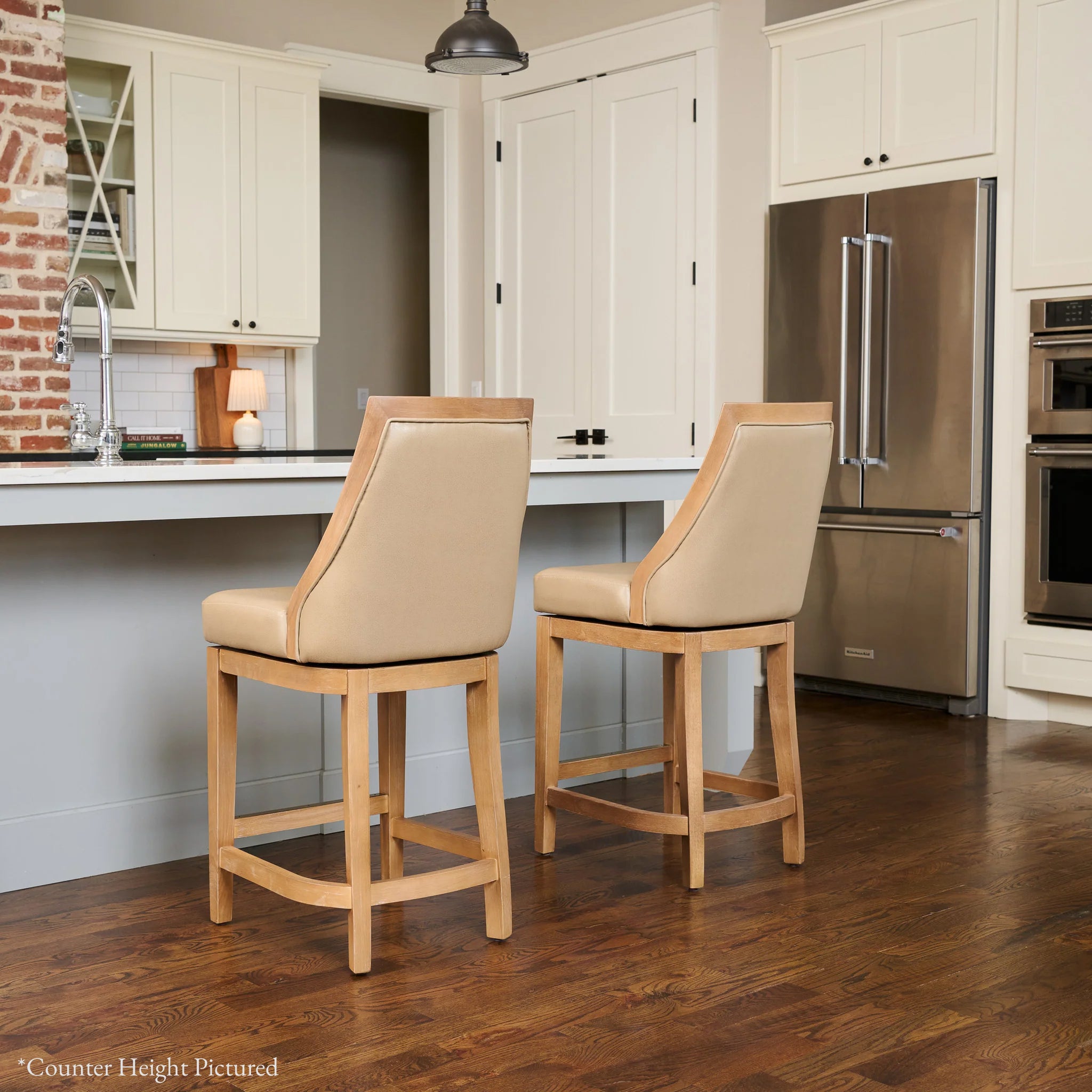 Vienna Swivel Bar Stool in Light Brown Finish with Beige Faux Leather in Stools by Maven Lane