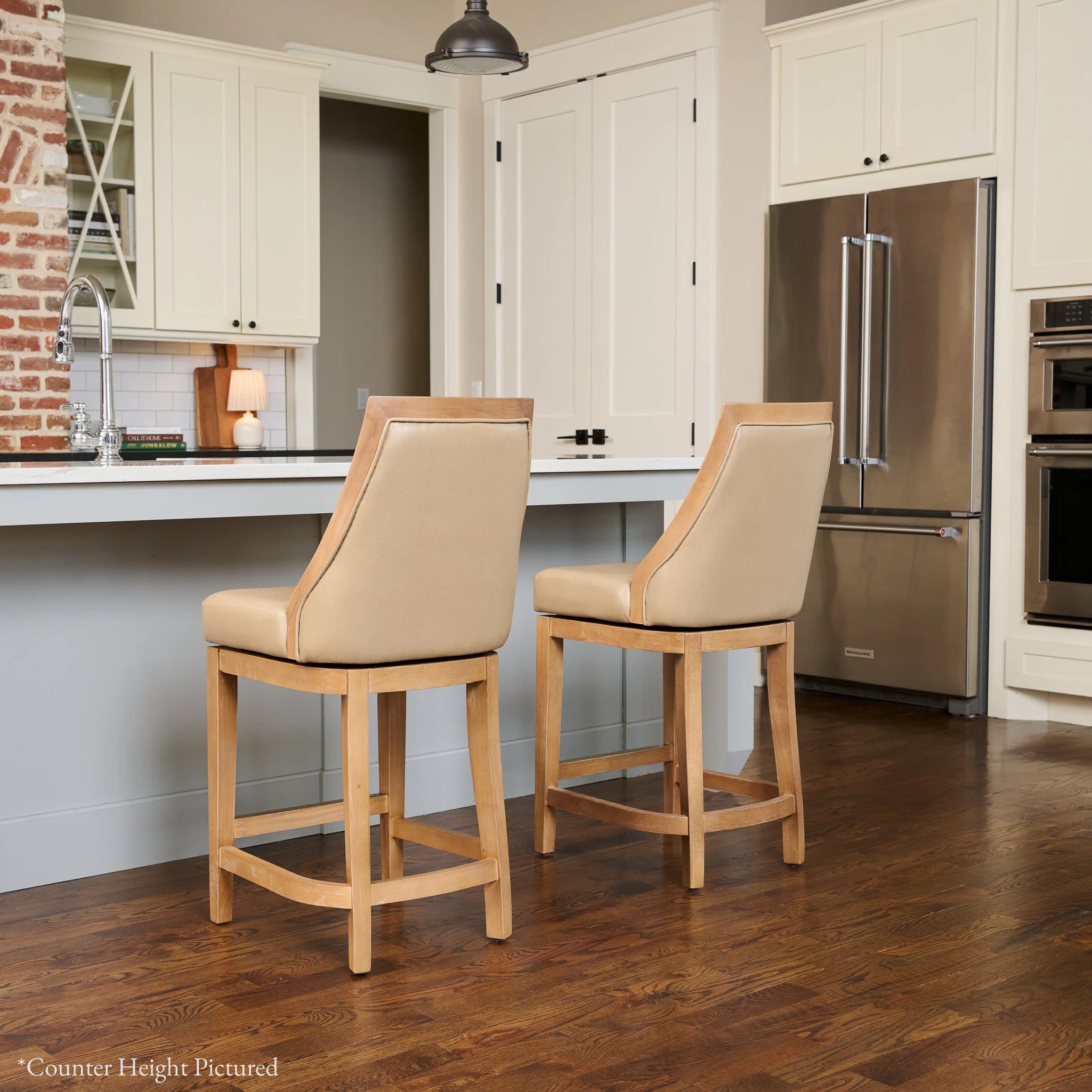 Vienna Swivel Bar Stool in Brown Finish with Beige Faux Leather in Stools by Maven Lane
