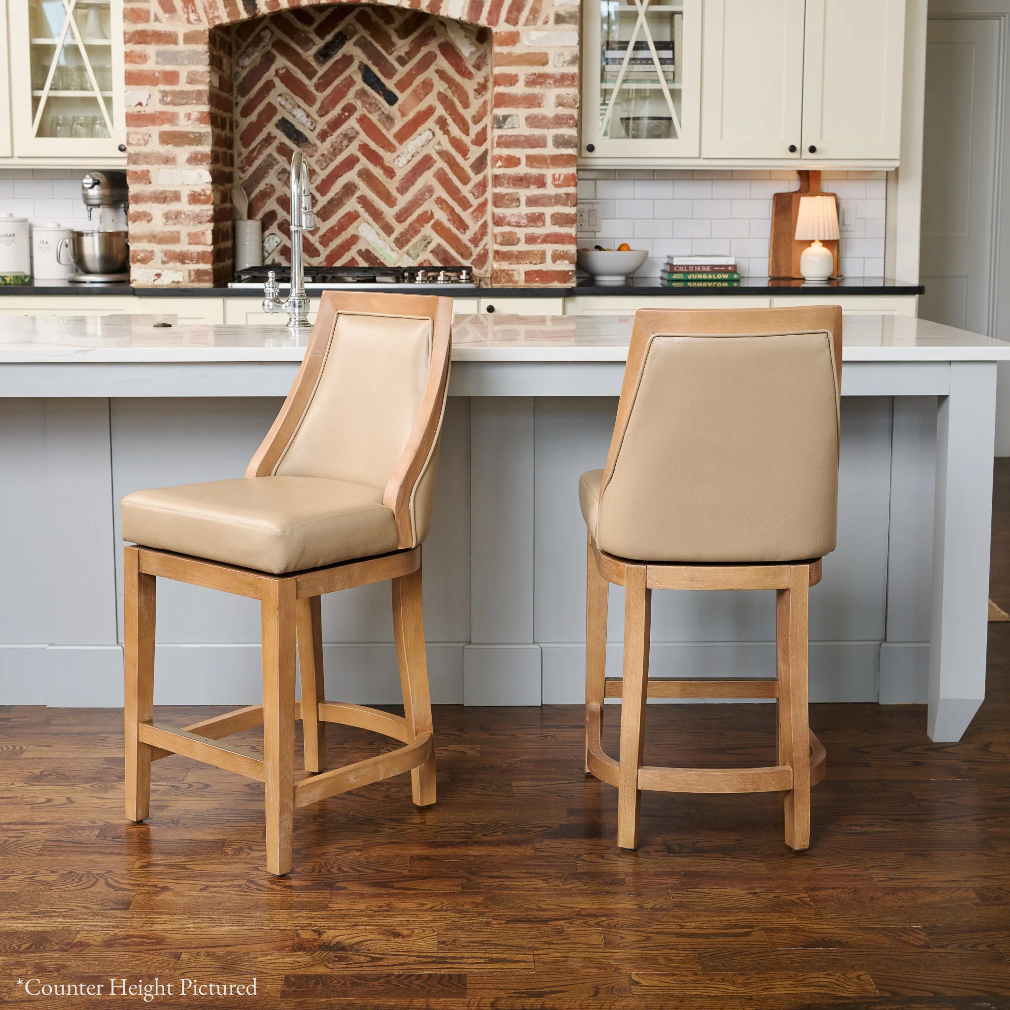 Vienna Swivel Bar Stool in Brown Finish with Beige Faux Leather in Stools by Maven Lane