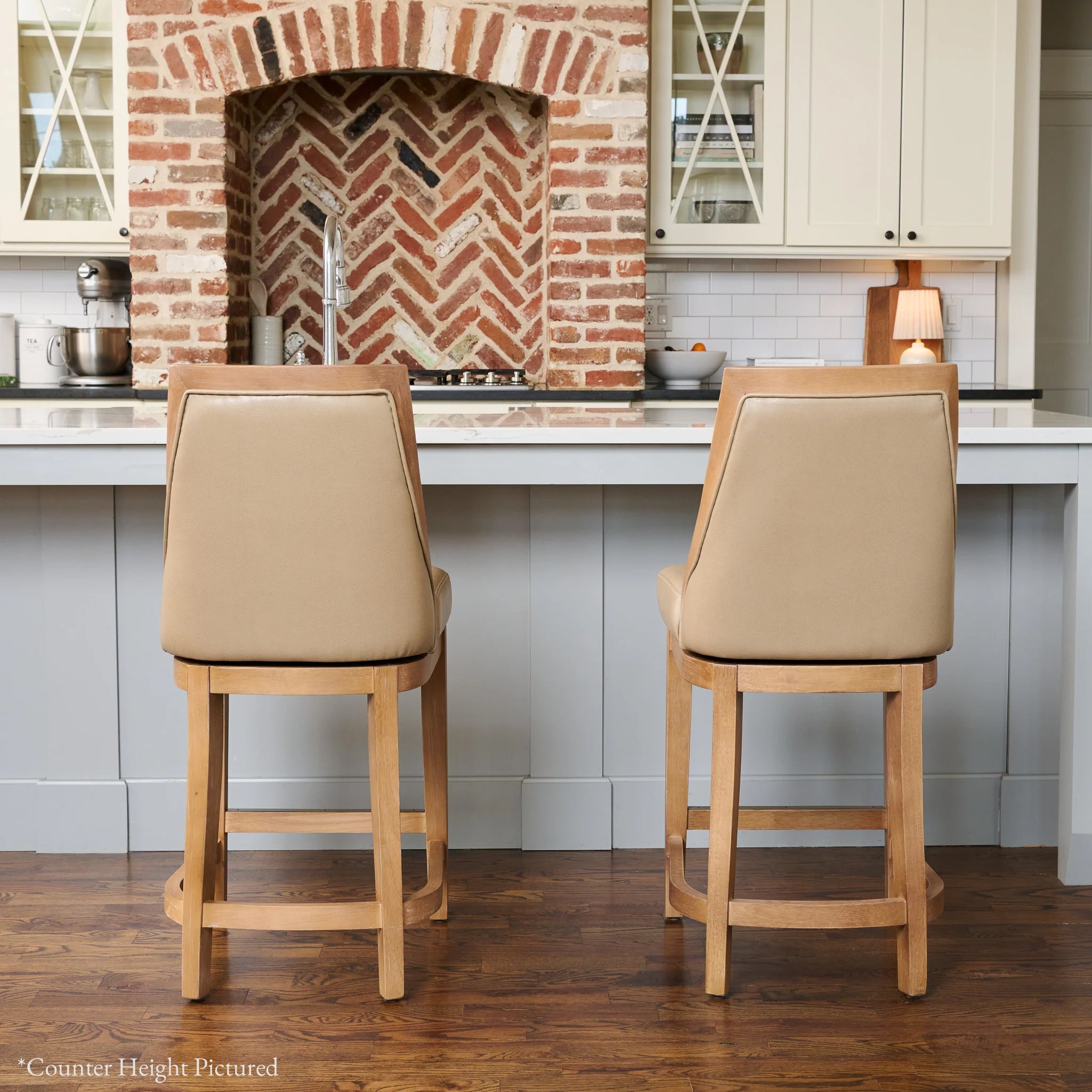 Vienna Swivel Bar Stool in Brown Finish with Beige Faux Leather in Stools by Maven Lane