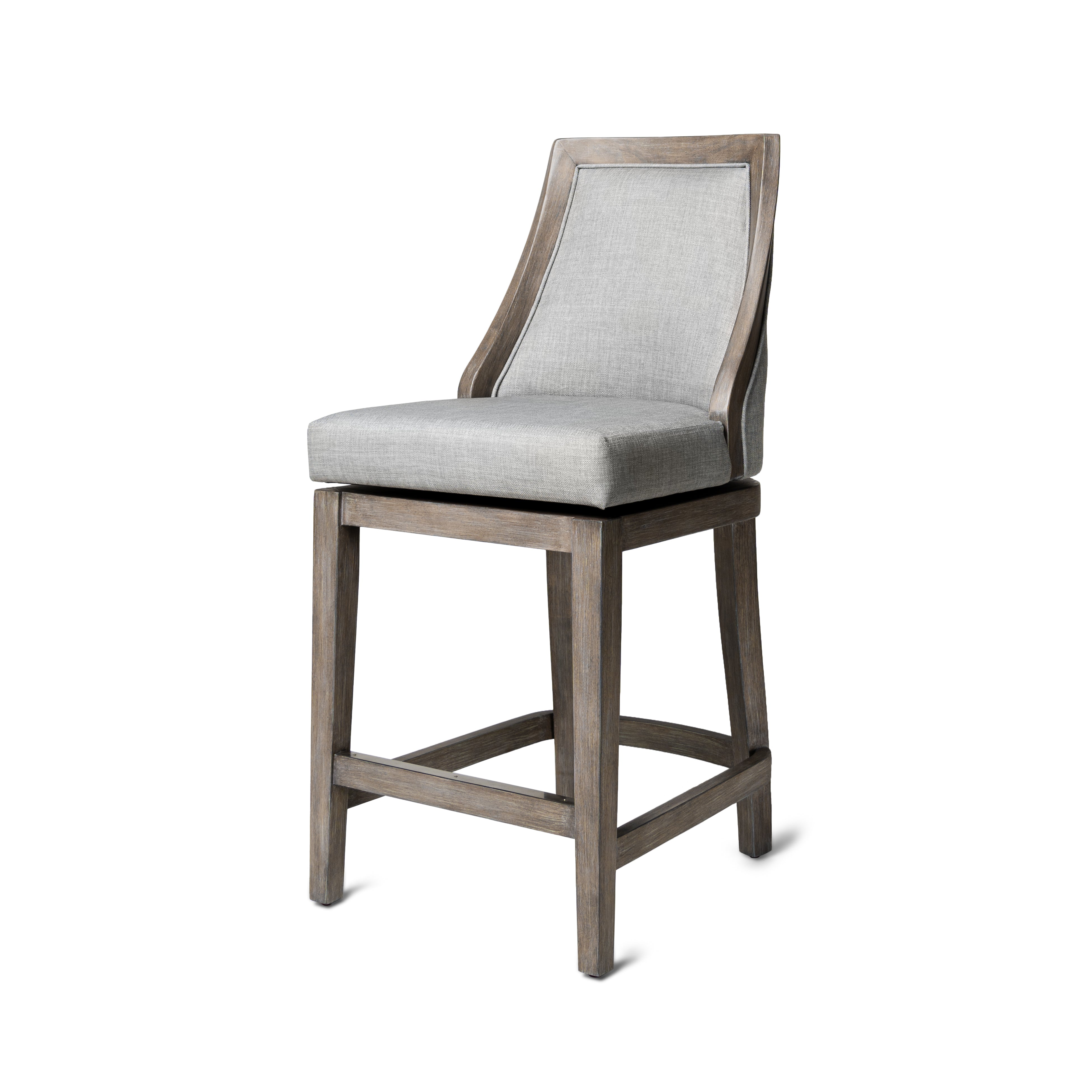 26" Vienna Swivel Counter Stool in Reclaimed Oak Finish with Ash Grey Fabric Upholstery in Stools by Maven Lane