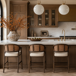 Chloe Counter Stool in Brown Finish with Beige Fabric Upholstery and Honey Rattan Back in Stools by Maven Lane