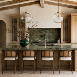 Chloe Counter Stool in Brown Finish with Beige Fabric Upholstery and Honey Rattan Back in Stools by Maven Lane