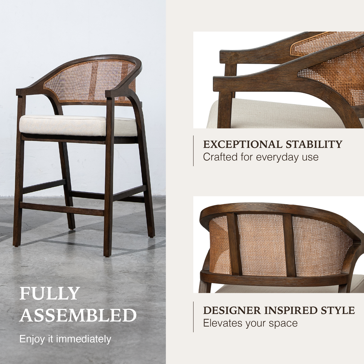Chloe Counter Stool in Brown Finish with Beige Fabric Upholstery and Honey Rattan Back in Stools by Maven Lane