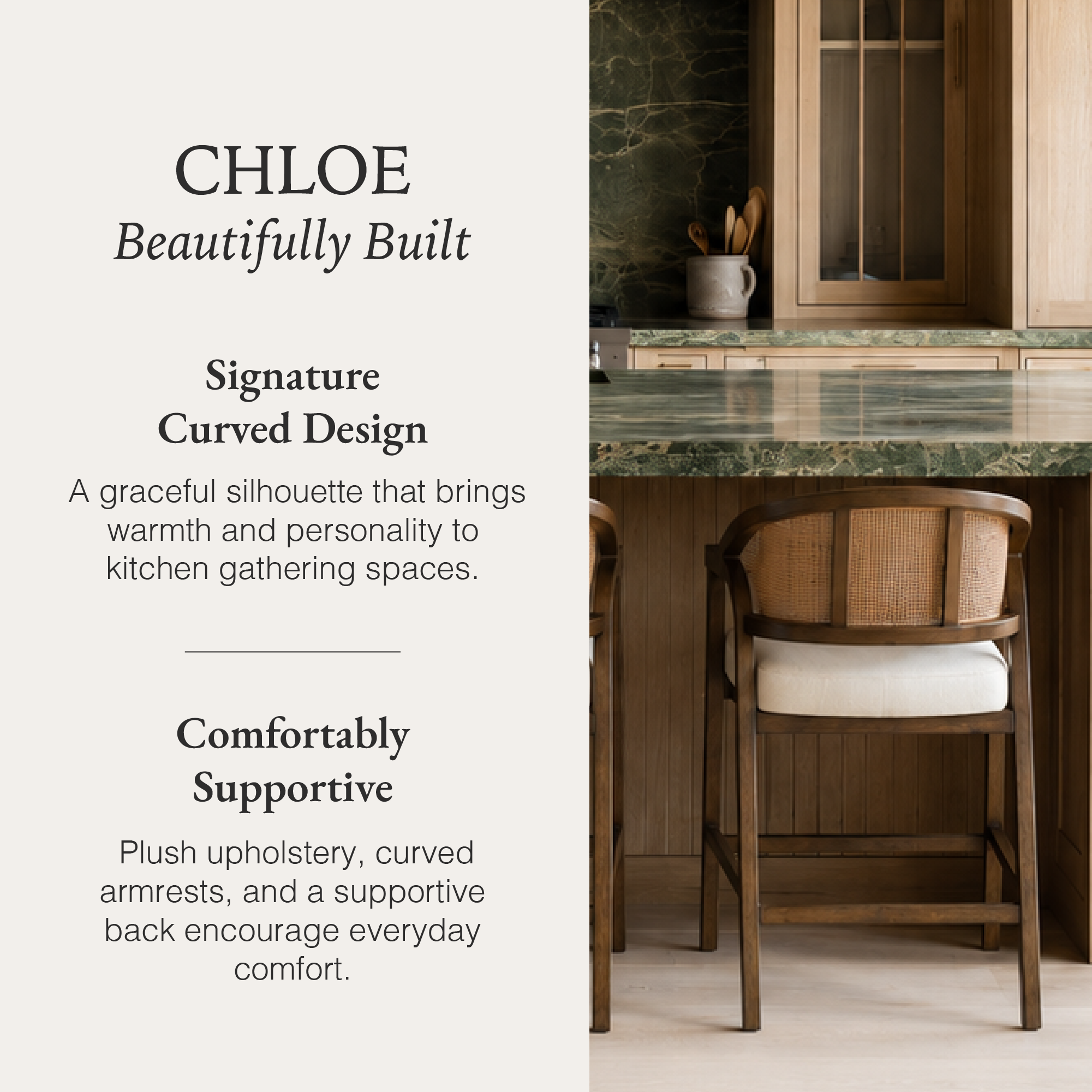 Chloe Counter Stool in Brown Finish with Beige Fabric Upholstery and Honey Rattan Back in Stools by Maven Lane