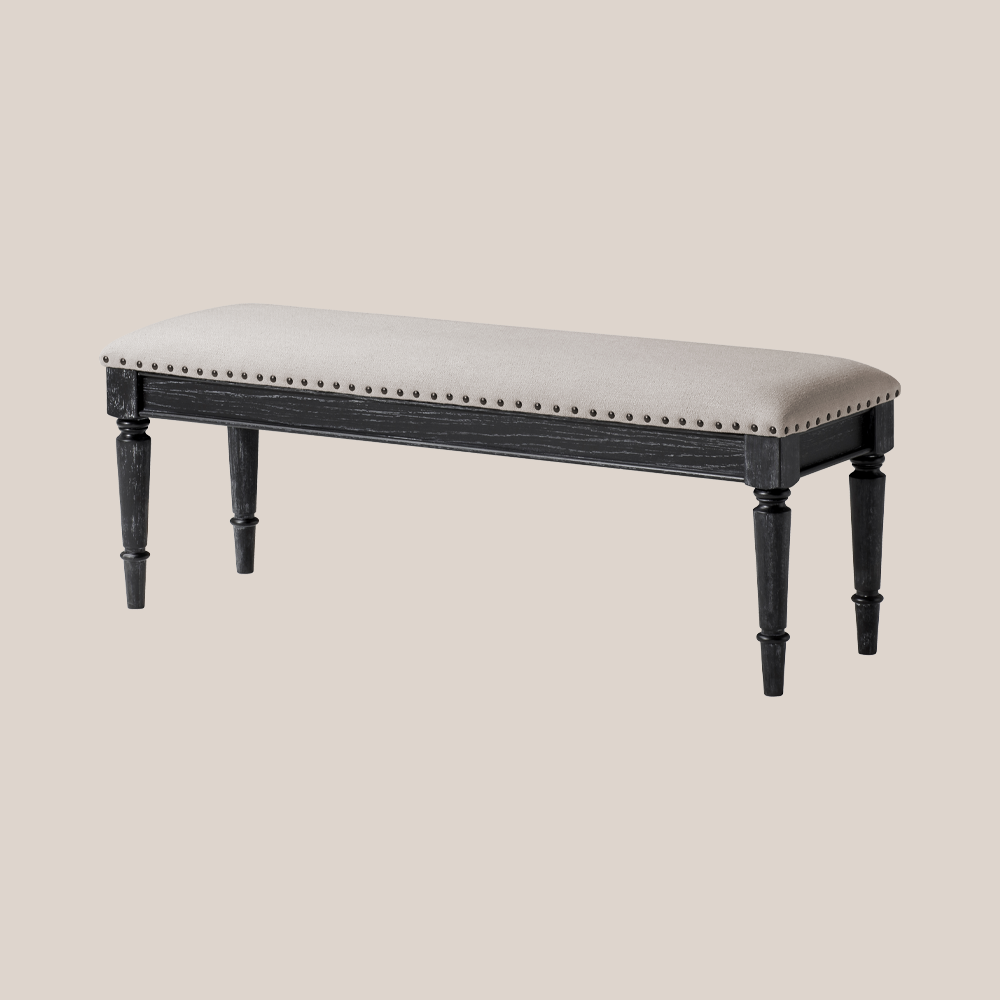 A Maven Lane wooden bench with a upholstered seat.