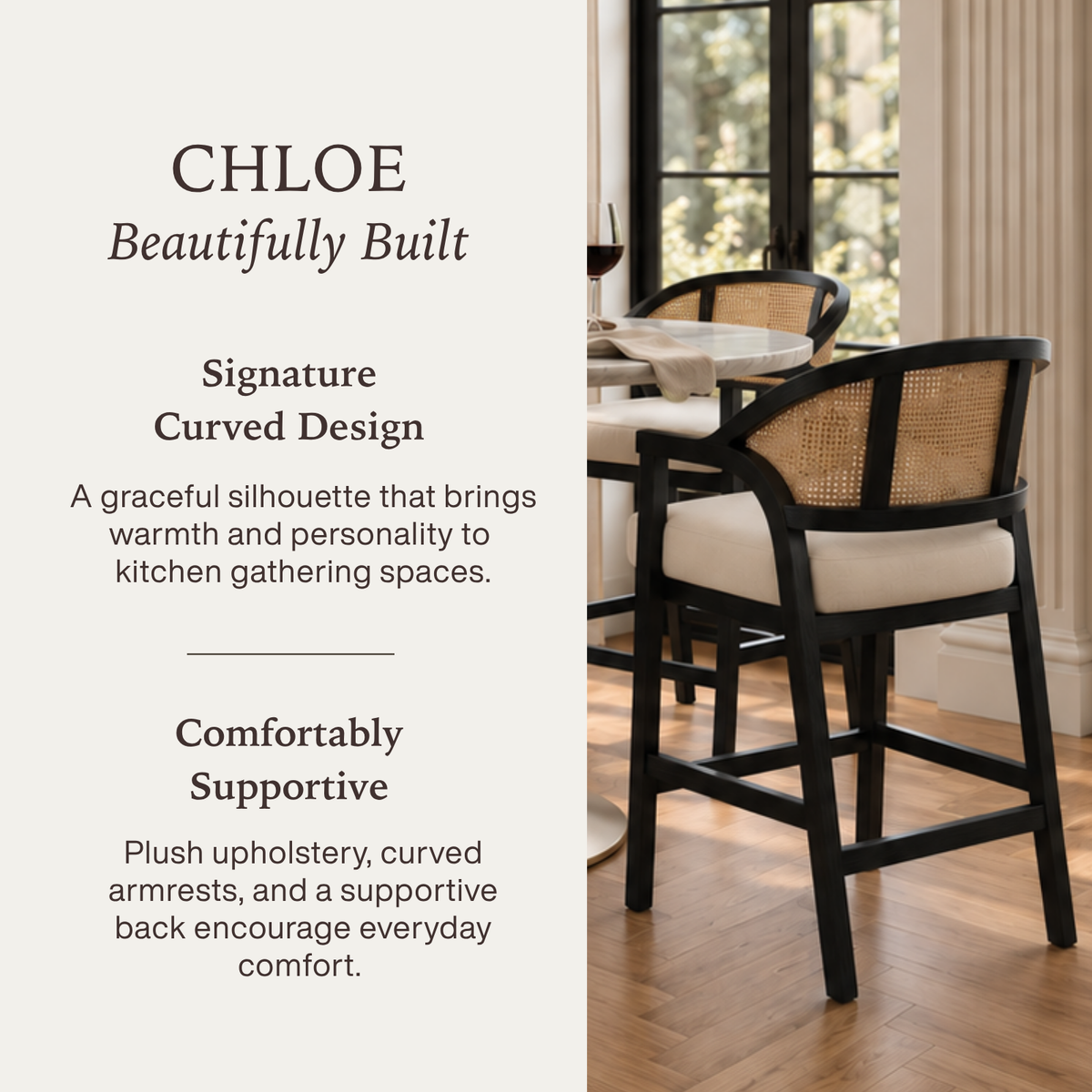Chloe Bar Stool in Black Finish with Beige Fabric Upholstery and Natural Rattan Back in Stools by Maven Lane