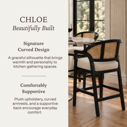 Chloe Bar Stool in Black Finish with Beige Fabric Upholstery and Natural Rattan Back in Stools by Maven Lane
