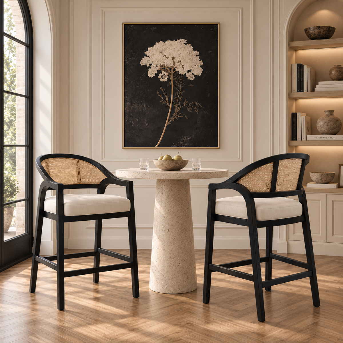 Chloe Bar Stool in Black Finish with Beige Fabric Upholstery and Natural Rattan Back in Stools by Maven Lane