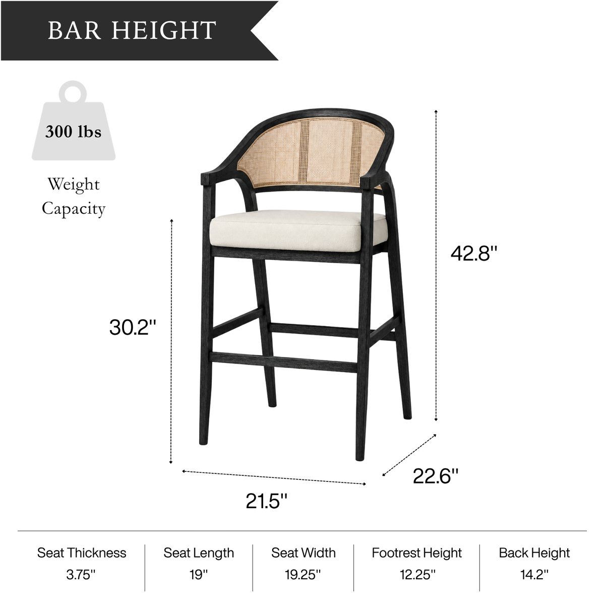 Chloe Bar Stool in Black Finish with Beige Fabric Upholstery and Natural Rattan Back in Stools by Maven Lane