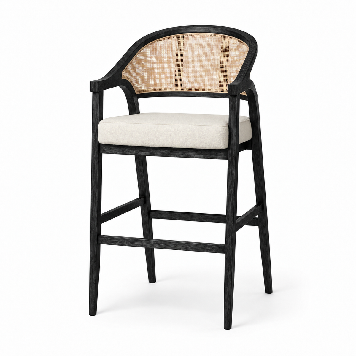 Chloe Bar Stool in Black Finish with Beige Fabric Upholstery and Natural Rattan Back in Stools by Maven Lane
