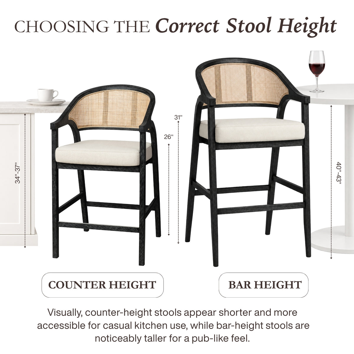 Chloe Bar Stool in Black Finish with Beige Fabric Upholstery and Natural Rattan Back in Stools by Maven Lane