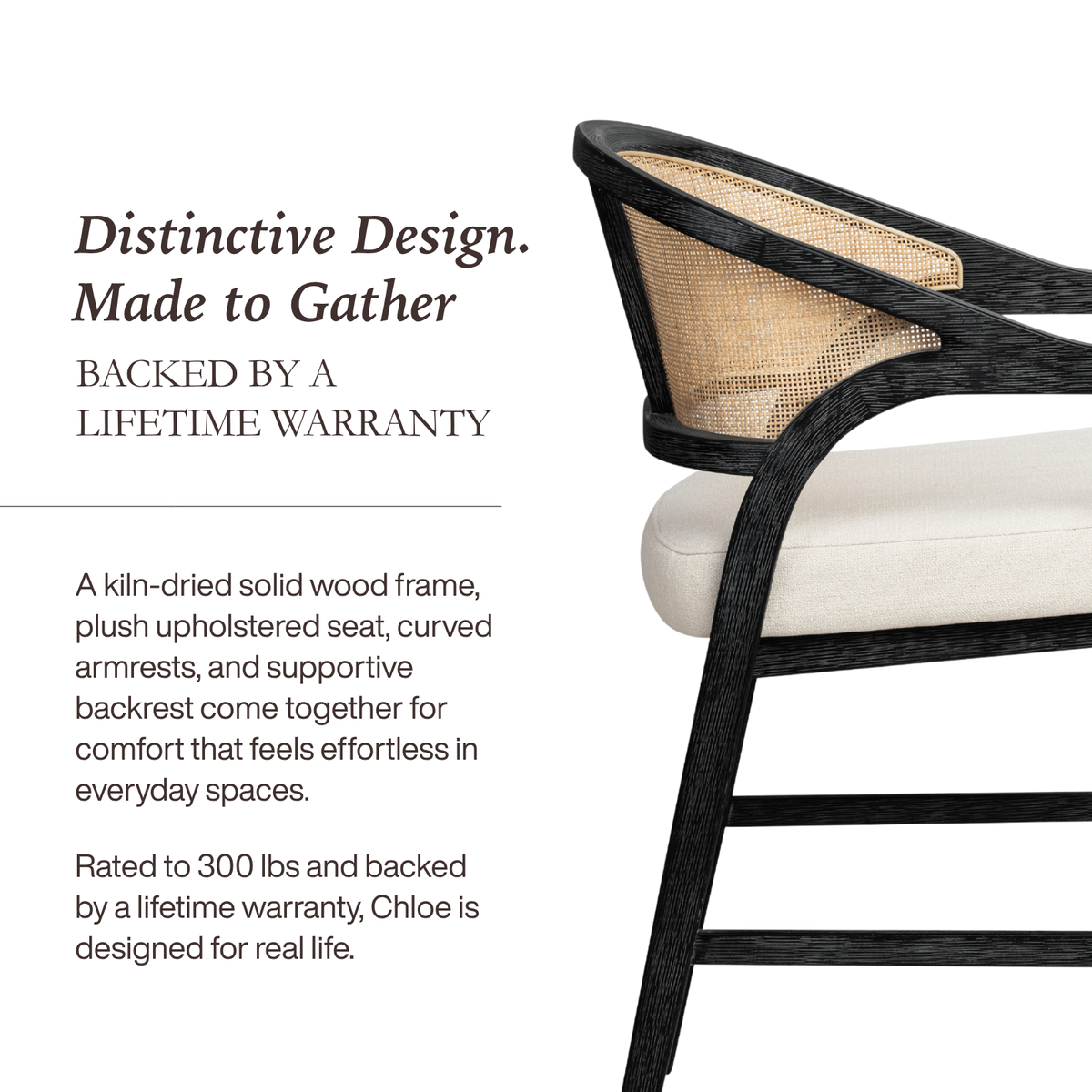 Chloe Bar Stool in Black Finish with Beige Fabric Upholstery and Natural Rattan Back in Stools by Maven Lane