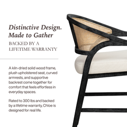 Chloe Bar Stool in Black Finish with Beige Fabric Upholstery and Natural Rattan Back in Stools by Maven Lane