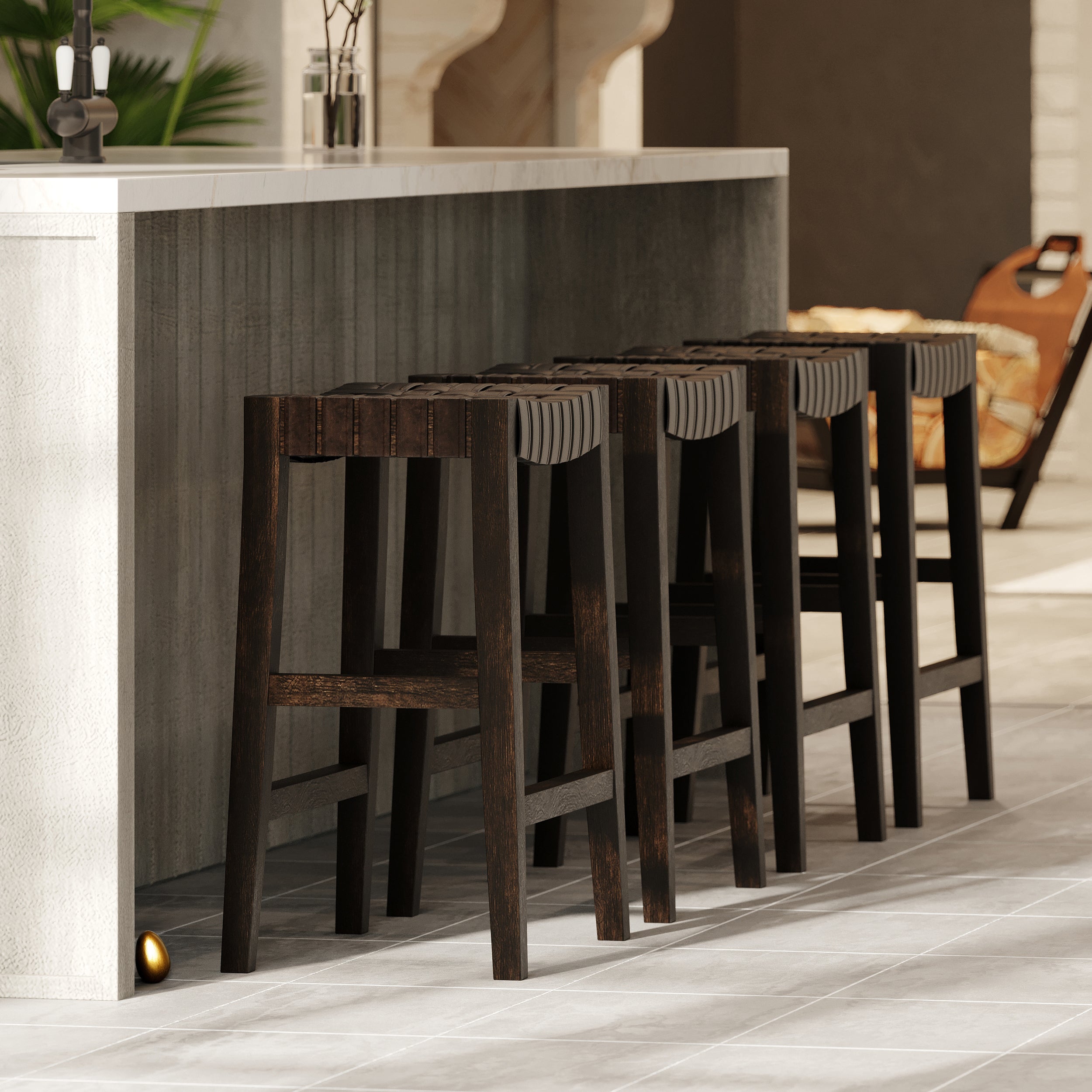 Emerson Counter Stool In Weathered Brown Wood Finish With Marksman Saddle Vegan Leather in Stools by Maven Lane