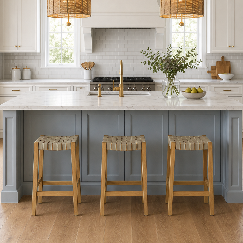 Emerson Counter Stool In Natural Finish & Beige Woven Leather Seat in Stools by Maven Lane