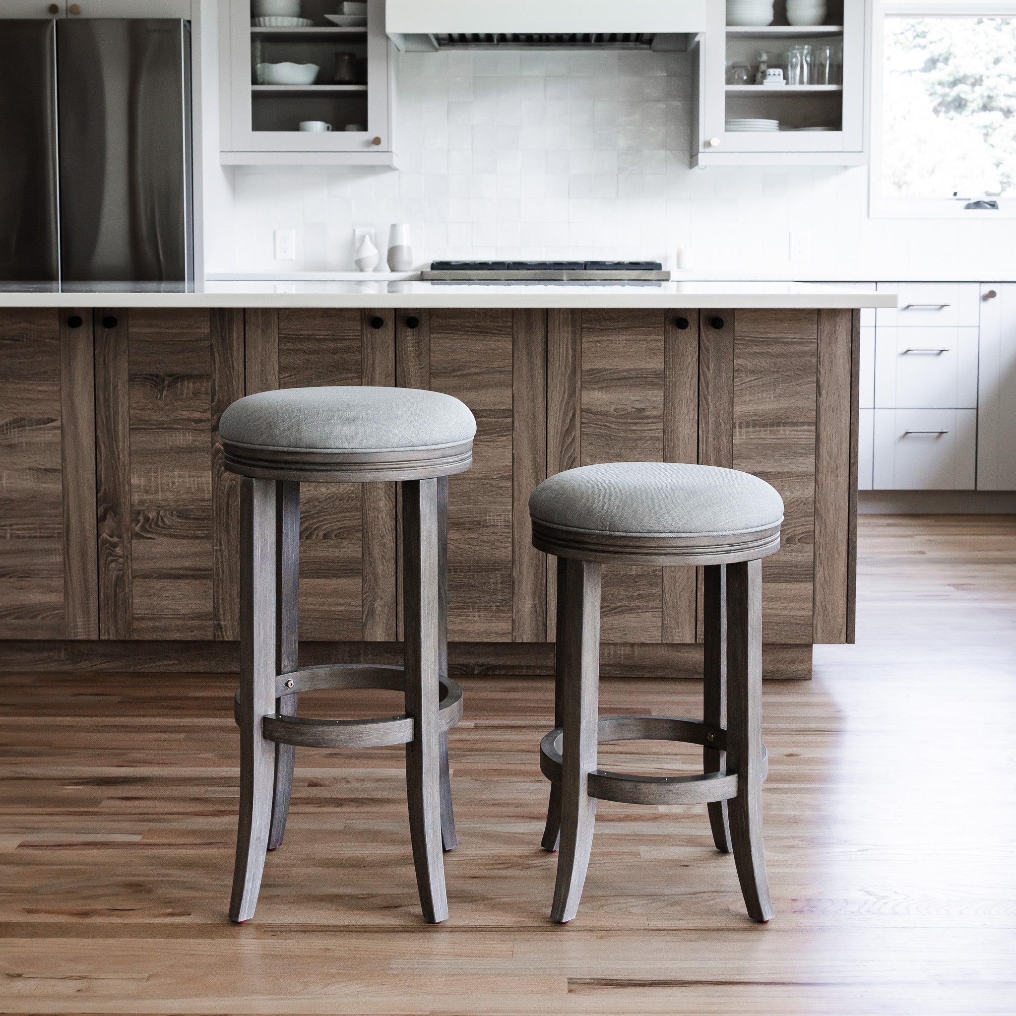 Eva Bar Stool in Reclaimed Oak Finish with Ash Grey Fabric Upholstery in Stools by Maven Lane
