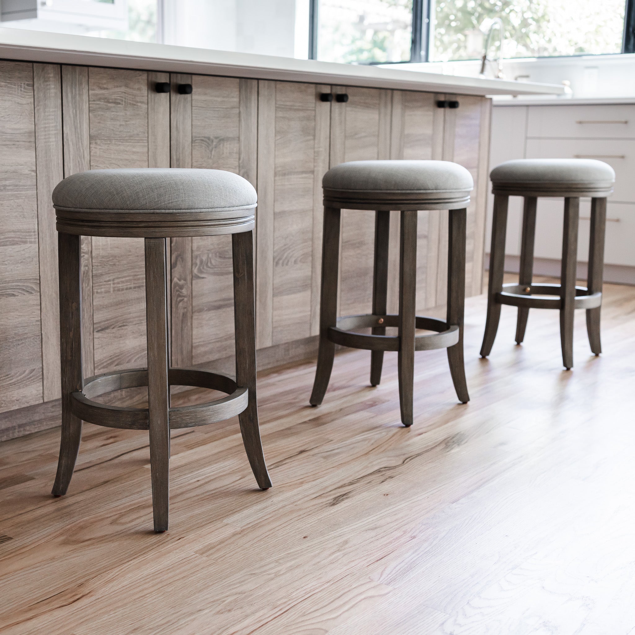 Eva Bar Stool in Reclaimed Oak Finish with Ash Grey Fabric Upholstery in Stools by Maven Lane