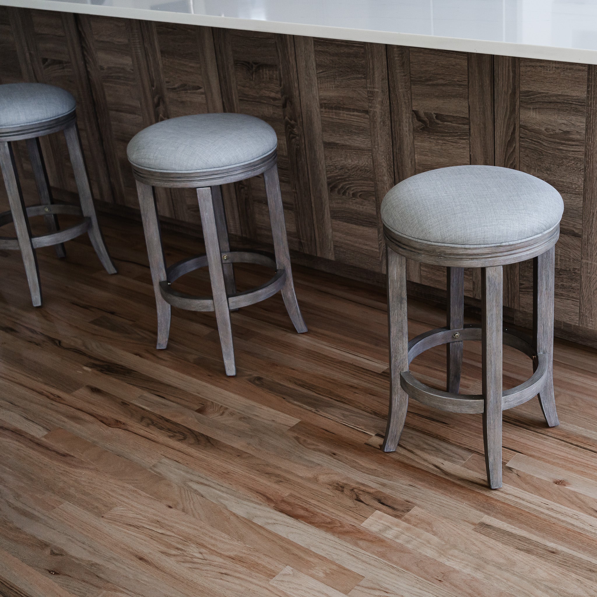 Eva Counter Stool in Reclaimed Oak Finish with Ash Grey Fabric Upholstery in Stools by Maven Lane