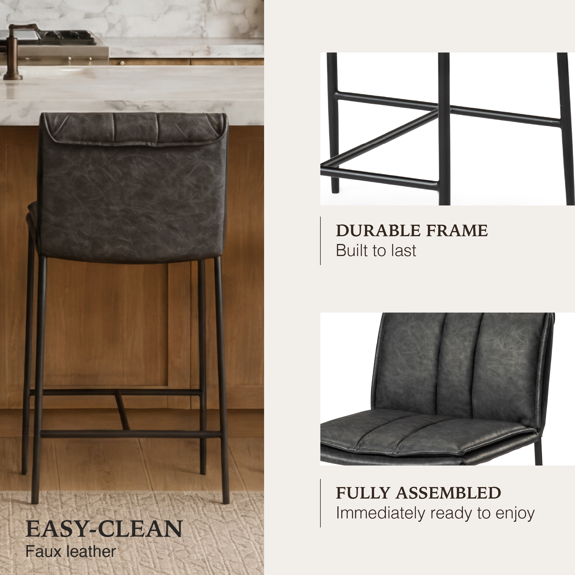 Gerard Counter Stool in Black Finish with Dark Grey Faux Leather in Stools by Maven Lane