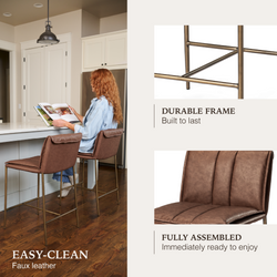 Gerard Counter Stool in Aged Gold Finish with Brown Faux Leather in Stools by Maven Lane