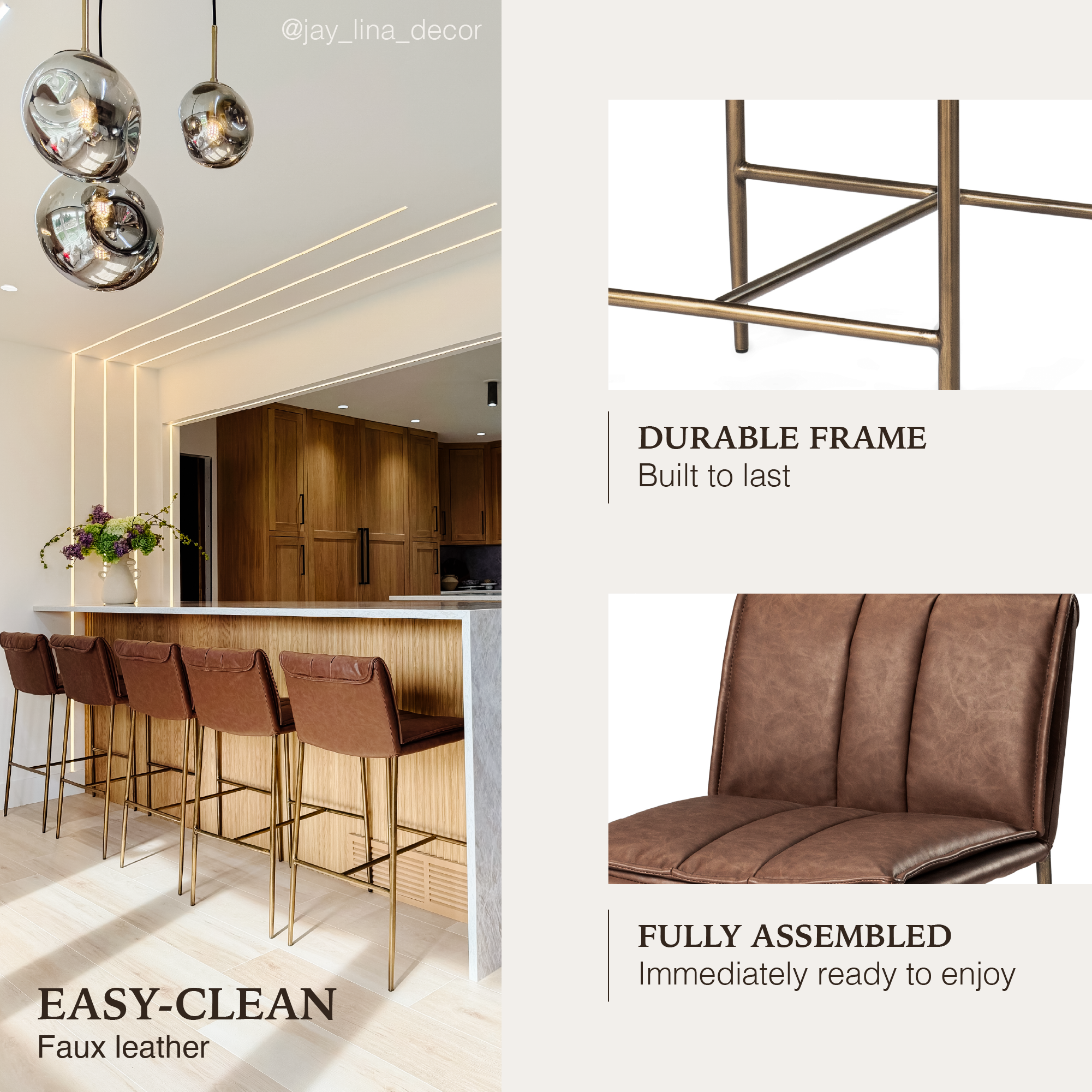 Gerard Bar Stool in Aged Gold Finish with Brown Faux Leather in Stools by Maven Lane