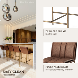 Gerard Bar Stool in Aged Gold Finish with Brown Faux Leather in Stools by Maven Lane